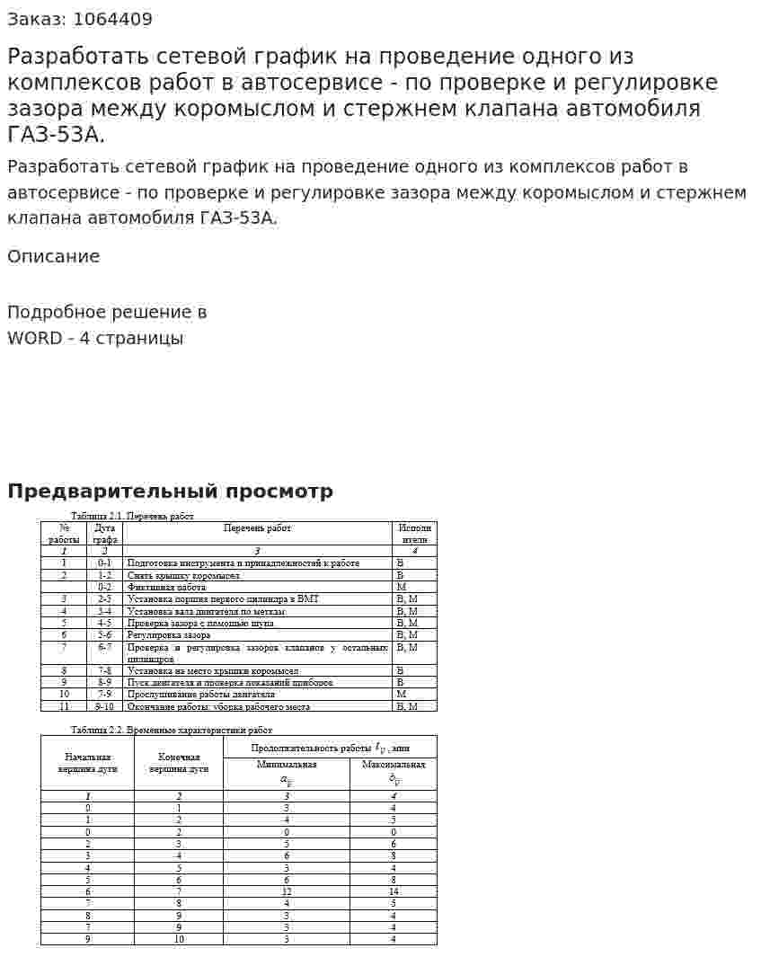 Разработать сетевой график на проведение одного из комплексов работ в автосервисе - по проверке и регулировке зазора между коромыслом и стержнем клапана автомобиля ГАЗ-53А. 