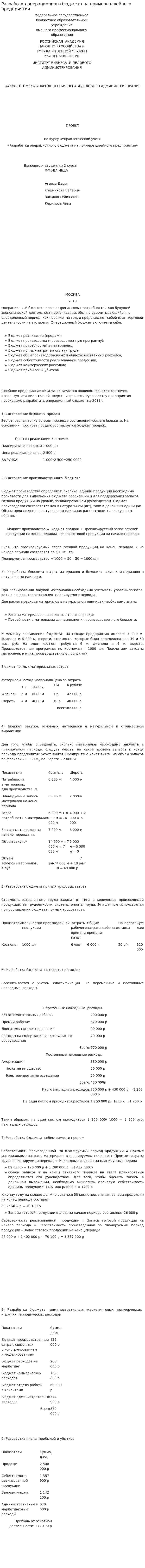 Разработка операционного бюджета на примере швейного предприятия