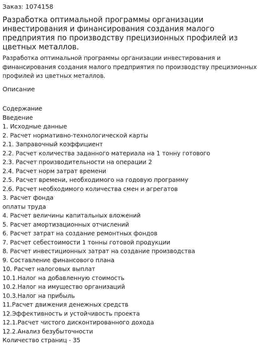 Разработка оптимальной программы организации инвестирования и финансирования создания малого предприятия по производству прецизионных профилей из цветных металлов. (курсовая работа) 