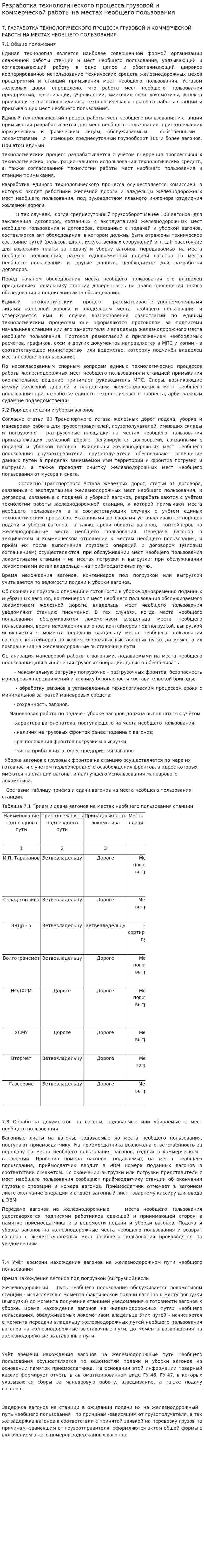 Разработка технологического процесса грузовой и коммерческой работы на местах необщего пользования