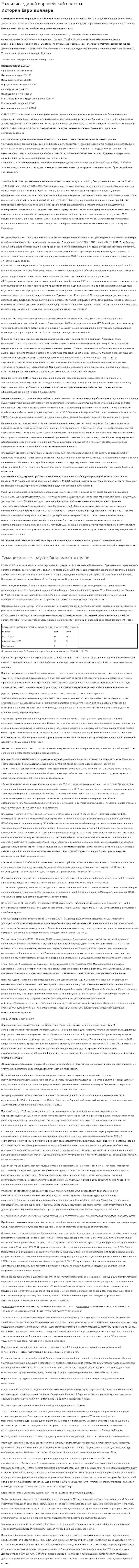 Развитие единой европейской валюты