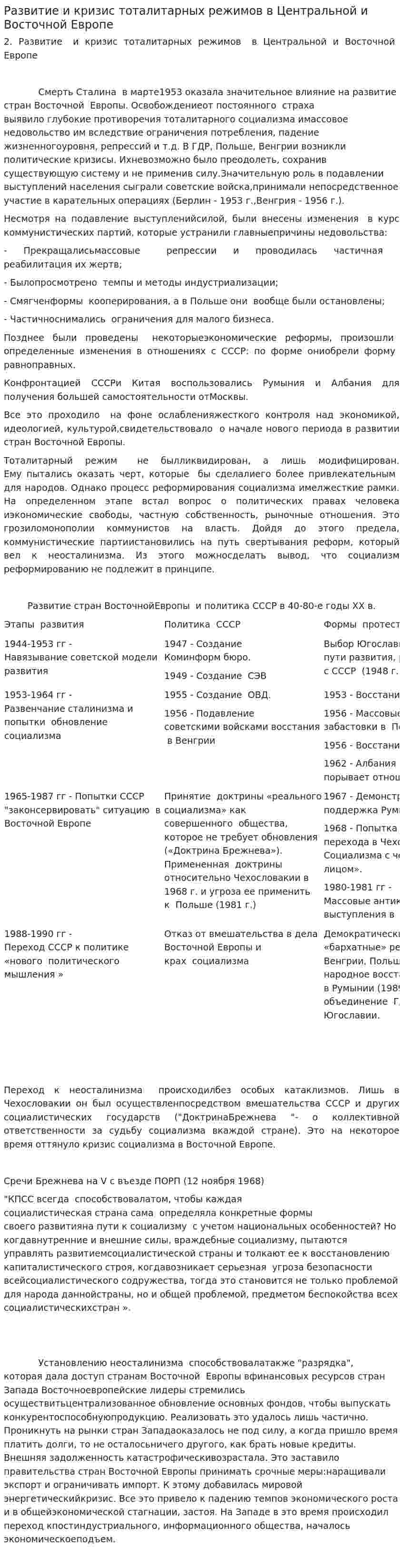 Развитие и кризис тоталитарных режимов в Центральной и Восточной Европе