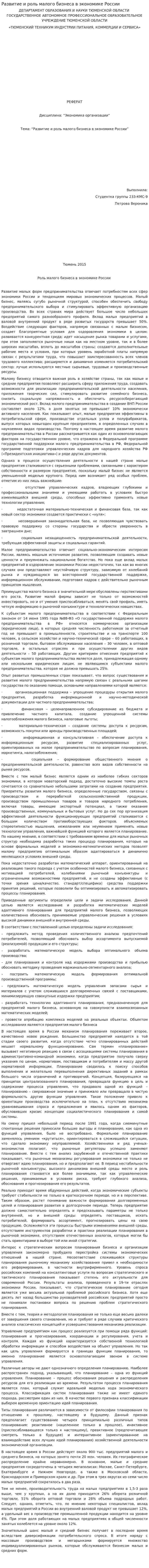 Развитие и роль малого бизнеса в экономике России