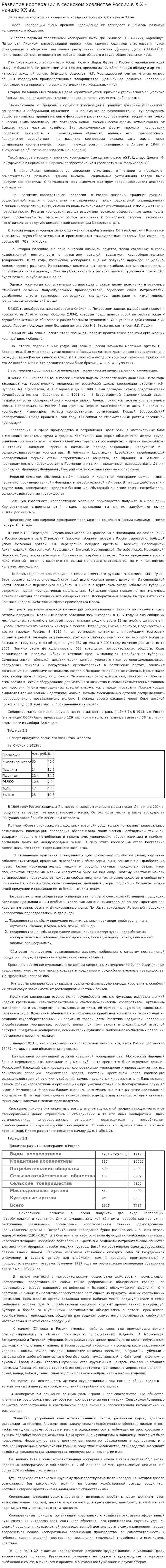 Развитие кооперации в сельском хозяйстве России в ХIХ – начале ХХ вв.