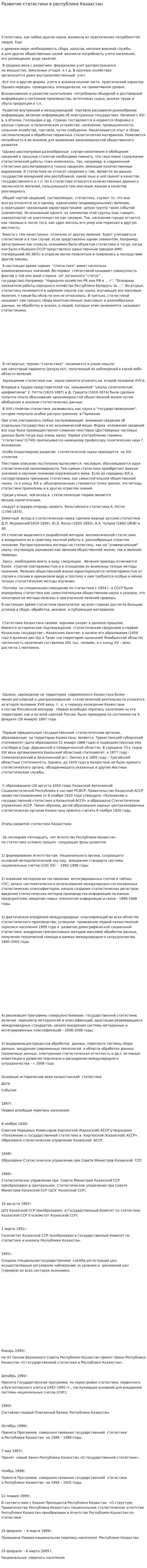 Развитие статистики в республике Казахстан