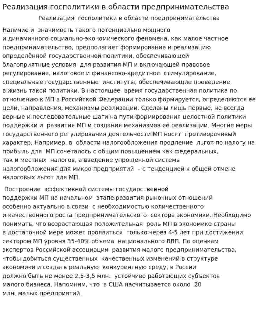 Реализация госполитики в области предпринимательства