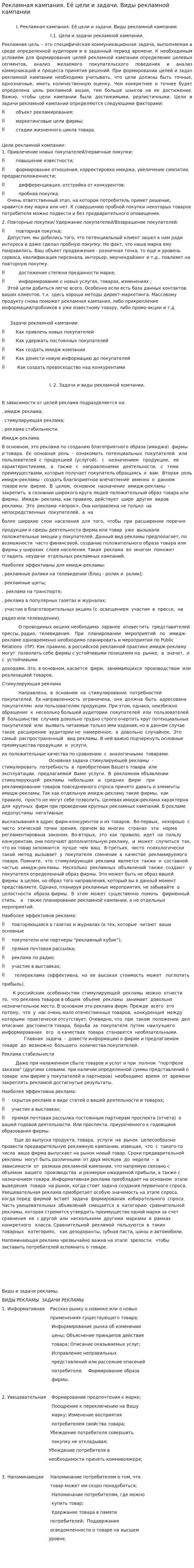 Рекламная кампания. Её цели и задачи. Виды рекламной кампании