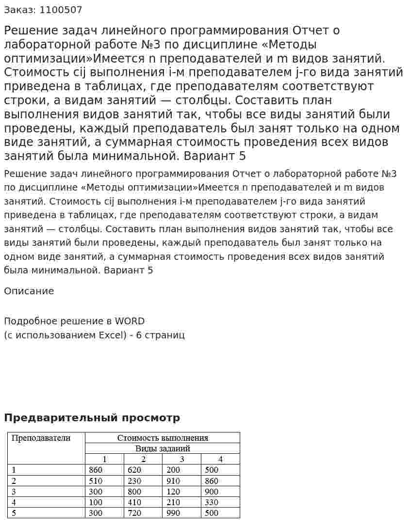 Решение задач линейного программирования Отчет о лабораторной работе №3 по дисциплине «Методы оптимизации»Имеется n преподавателей и m  видов занятий. Стоимость сij выполнения i-м преподавателем j-го вида занятий приведена в таблицах, где преподавателям соответствуют строки, а видам занятий — столбцы. Составить план выполнения видов занятий так, чтобы все виды занятий были проведены, каждый преподаватель был занят только на одном виде занятий, а суммарная стоимость проведения всех видов занятий была минимальной. Вариант  5 