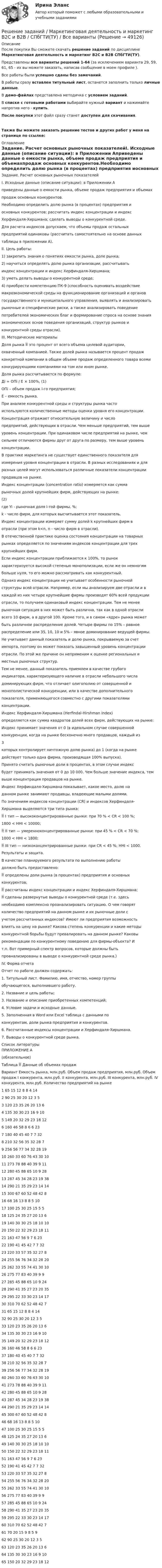     
            Описание
            После покупки Вы сможете скачать решение заданий по дисциплине Маркетинговая деятельность и маркетинг B2C и B2B СПбГТИ(ТУ).Представлены все варианты решений 1-64 (за исключением варианта 29, 59, 61, 65 - их вы можете заказать, написав сообщение в моем профиле ).Все работы были успешно сданы без замечаний.В работы сразу вставлен титульный лист, останется заполнить только личные данные.В демо-файлах представлена методичка с условием заданий.В списке с готовыми работами выбирайте нужный вариант и нажимайте напротив него - купить. После покупки этот файл сразу станет доступен для скачивания. Также Вы можете заказать решение тестов и других работ у меня на странице по ссылке: 
            Оглавление
            Задание. Расчет основных рыночных показателейI. Исходные данные (описание ситуации): в Приложении Априведены данные о емкости рынка, объеме продаж предприятия и объемахпродаж основных конкурентов.Необходимо определить долю рынка (в процентах) предприятия иосновных конкурентов; рассчитать индекс концентрации и индексХерфиндаля-Хиршмана; сделать выводы о конкурентной среде.Для расчета индексов допускаем, что объемы продаж остальныхпредприятий одинаковы (рассчитать самостоятельно на основе данныхтаблицы в приложении А).II. Цель работы:1) закрепить знания о понятиях емкости рынка, доле рынка;2) научиться определять долю рынка организации, рассчитыватьиндекс концентрации и индекс Херфиндаля-Хиршмана;3) уметь делать выводы о конкурентной среде;4) приобрести компетенцию ПК-9 (способность оценивать воздействиемакроэкономической среды на функционирование организаций и органовгосударственного и муниципального управления, выявлять и анализироватьрыночные и специфические риски, а также анализировать поведениепотребителей экономических благ и формирование спроса на основе знанияэкономических основ поведения организаций, структур рынков иконкурентной среды отрасли).III. Методические материалыДоля рынка  это процент от всего объема целевой аудитории,охваченный компанией. Также долей рынка называется процент продажконкретной компании в общем объеме продаж определенного товара всемиконкурирующими компаниями на том или ином рынке.Доля рынка рассчитывается по формуле:Дi = ОПi / E × 100%, (1)ОПi – объем продаж i-го предприятия;Е – емкость рынка.При анализе конкурентной среды и структуры рынка частоиспользуются количественные методы оценки уровня его концентрации.Концентрация отражает относительную величину и числопредприятий, действующих в отрасли. Чем меньше предприятий, тем вышеуровень концентрации. При одинаковом числе предприятий на рынке, чемсильнее отличаются фирмы друг от друга по размеру, тем выше уровеньконцентрации.В практике маркетинга не существует единственного показателя дляизмерения уровня концентрации в отрасли. В разных исследованиях и дляразных целей могут использоваться различные показатели концентрациипродавцов на рынке.Индекс концентрации (concentration ratio) измеряется как суммарыночных долей крупнейших фирм, действующих на рынке:(2)где Yi - рыночная доля i-той фирмы, %;k - число фирм, для которых высчитывается этот показатель.Индекс концентрации измеряет сумму долей k крупнейших фирм вотрасли (при этом k<n, n - число фирм в отрасли).В отечественной практике оценка состояния концентрации на товарныхрынках определяется по значениям индексов концентрации для трехкрупнейших фирм.Если индекс концентрации приближается к 100%, то рынокхарактеризуется высокой степенью монополизации, если же он немногимбольше нуля, то его можно рассматривать как конкурентный.Однако индекс концентрации не учитывает особенности рыночнойструктуры всей отрасли. Например, если мы анализируем две отрасли и вкаждой из них четыре крупнейшие фирмы производят 60% всей продукцииотрасли, то получаем одинаковый индекс концентрации. Тем не менеерыночная ситуация в них может быть различна, так как в одной отрасливсего 10 фирм, а в другой 100. Кроме того, и в самом «ядре» рынка можетбыть различное распределение долей. Четыре фирмы по 15% – равноераспределение или 35, 10, 10 и 5% – явное доминирование ведущей фирмы.Не учитывает данный показатель и долю рынка, покрываемую за счетимпорта, поэтому он может показать завышенный уровень концентрацииотрасли. По этой же причине он неприменим к оценке региональных иместных рыночных структур.Тем не менее, данный показатель приемлем в качестве грубогоиндикатора, характеризующего наличие в отрасли небольшого числадоминирующих фирм, что отличает олигополию от совершенной имонополистической конкуренции, или в качестве дополнительногопоказателя, применяющегося совместно с другими показателямиконцентрации.Индекс Херфиндаля-Хиршмана (Herfindal-Hirshman index)определяется как сумма квадратов долей всех фирм, действующих на рынке:Индекс принимает значения от 0 (в идеальном случае совершеннойконкуренции, когда на рынке бесконечно много продавцов, каждый из3которых контролирует ничтожную долю рынка) до 1 (когда на рынкедействует только одна фирма, производящая 100% выпуска).Принято считать рыночные доли в процентах, в этом случае индексбудет принимать значения от 0 до 10 000. Чем больше значение индекса, темвыше концентрация продавцов на рынке.Индекс Херфиндаля-Хиршмана показывает, какое место, долю наданном рынке занимают продавцы, владеющие малыми долями.По значениям индексов концентрации (CR) и индексов Херфиндаля-Хиршмана выделяются три типа рынка: I тип — высококонцентрированные рынки: при 70 % < CR < 100 %;1800 < HHI < 10000; II тип — умеренноконцентрированные рынки: при 45 % < СR < 70 %;1000 < HHI < 1800; III тип — низкоконцентрированные рынки: при CR < 45 %; HHI < 1000.Результаты и защита.В качестве планируемого результата по выполнению работыдолжно быть предоставлено: определены доли рынка (в процентах) предприятия и основныхконкурентов; рассчитаны индекс концентрации и индекс Херфиндаля-Хиршмана; сделаны развернутые выводы о конкурентной среде (т.е. здесьнеобходимо комплексно проанализировать ситуацию. О чем говорятколичество предприятий на данном рынке и их рыночные доли сучетом рассчитанных индексов? Имеют ли предприятия возможностьвлиять на цену на рынке? Какова степень конкуренции и какие методыконкурентной борьбы будут превалировать на данном рынке? Каковырекомендации по конкурентному поведению для фирмы-объекта? Ит.п. Вот примерный спектр вопросов, которые должны бытьпроанализированы в выводе о конкурентной среде рынка.)IV. Форма отчетаОтчет по работе должен содержать:1. Титульный лист. Фамилию, имя, отчество, номер группыобучающегося, выполнившего работу.2. Название и цель работы;3. Название и описание приобретенных компетенций;4. Условие задачи и исходные данные.5. Заполненная в Word или Ехсеl таблица с данными поконкурентам, доли рынка предприятия и конкурентов.6. Рассчитанные индексы концентрации и Херфиндаля-Хиршмана.7. Выводы о конкурентной среде рынка. 
            Список литературы
            ПРИЛОЖЕНИЕ А(обязательное)Таблица  Данные об объемах продажВариант Емкость рынка, млн.руб. Объем продаж предприятия, млн.руб. Объем продаж І конкурента, млн.руб. ІI конкурента, млн.руб. IIІ конкурента, млн.руб. ІV конкурента, млн.руб. Количество предприятий на рынке 1 65 15 12 8 8 4 142 90 25 30 20 12 3 53 120 23 35 26 20 13 64 135 30 30 23 16 9 105 149 20 32 29 23 18 126 160 46 58 8 6 6 237 180 40 45 40 7 7 328 210 32 56 35 32 28 79 256 56 77 34 32 28 1910 260 33 60 76 43 30 1011 273 78 88 40 39 9 1112 280 45 88 65 10 9 2813 287 45 34 28 23 19 3814 290 21 35 29 23 14 1415 300 67 60 52 48 42 816 68 16 13 8 8 5 1017 100 25 30 25 15 5 518 125 24 35 27 20 13 619 140 30 30 25 18 10 1020 150 22 32 29 23 18 1121 163 47 56 9 7 6 2322 190 41 45 42 7 7 3223 220 33 57 35 32 27 824 255 56 76 34 32 28 2025 262 33 55 74 41 30 1026 275 77 83 40 39 9 927 285 45 88 65 10 9 2428 290 41 35 27 23 20 3529 295 22 33 30 23 14 1730 310 70 62 52 48 42 731 65 15 12 8 8 4 1432 90 25 30 20 12 3 533 120 23 35 26 20 13 634 135 30 30 23 16 9 1035 149 20 32 29 23 18 1236 160 46 58 8 6 6 2337 180 40 45 40 7 7 3238 210 32 56 35 32 28 739 256 56 77 34 32 28 1940 260 33 60 76 43 30 1041 273 78 88 40 39 9 1142 280 45 88 65 10 9 2843 287 45 34 28 23 19 3844 290 21 35 29 23 14 1445 300 67 60 52 48 42 846 68 16 13 8 8 5 1047 100 25 30 25 15 5 548 125 24 35 27 20 13 649 140 30 30 25 18 10 1050 150 22 32 29 23 18 1151 163 47 56 9 7 6 2352 190 41 45 42 7 7 3253 220 33 57 35 32 27 854 255 56 76 34 32 28 2055 262 33 55 74 41 30 1056 275 77 83 40 39 9 957 285 45 88 65 10 9 2458 290 41 35 27 23 20 3559 295 22 33 30 23 14 1760 310 70 62 52 48 42 761 70 20 15 9 8 5 962 90 25 30 20 12 3 563 120 23 35 26 20 13 664 135 30 30 23 16 9 1065 150 20 32 29 23 18 12
            
            
            Решение задание по менеджментуРешение заданий / Маркетинговая деятельность и маркетинг B2C и B2B / СПбГТИ(ТУ) / Все варианты Решение заданий на стражировку ТинькоффРешение заданий / ОмГУ / Менеджмент / Задание 1 + Задание 2Решение заданий по конституционному праву.Решение заданий по международному правуРешение задания 97, 157, 188, 241,317Решение вступительного экзамена по математике в магистратуру МИРЭА 1 августа Билет 202-22Решение вступительного экзамена по математике в магистратуру МИРЭА 1 августа Билет 301-22Решение геометрических задач методом координатРешение двух задач - трасология и баллистикаРешение дифференциального уравнения методом конечных разностей (Модели и методы анализа проектных решений)Решение дознавателя об удовлетворении либо о полном или частичном отказе в удовлетворении заявленного ходатайства выносится в форме …Решение  задание