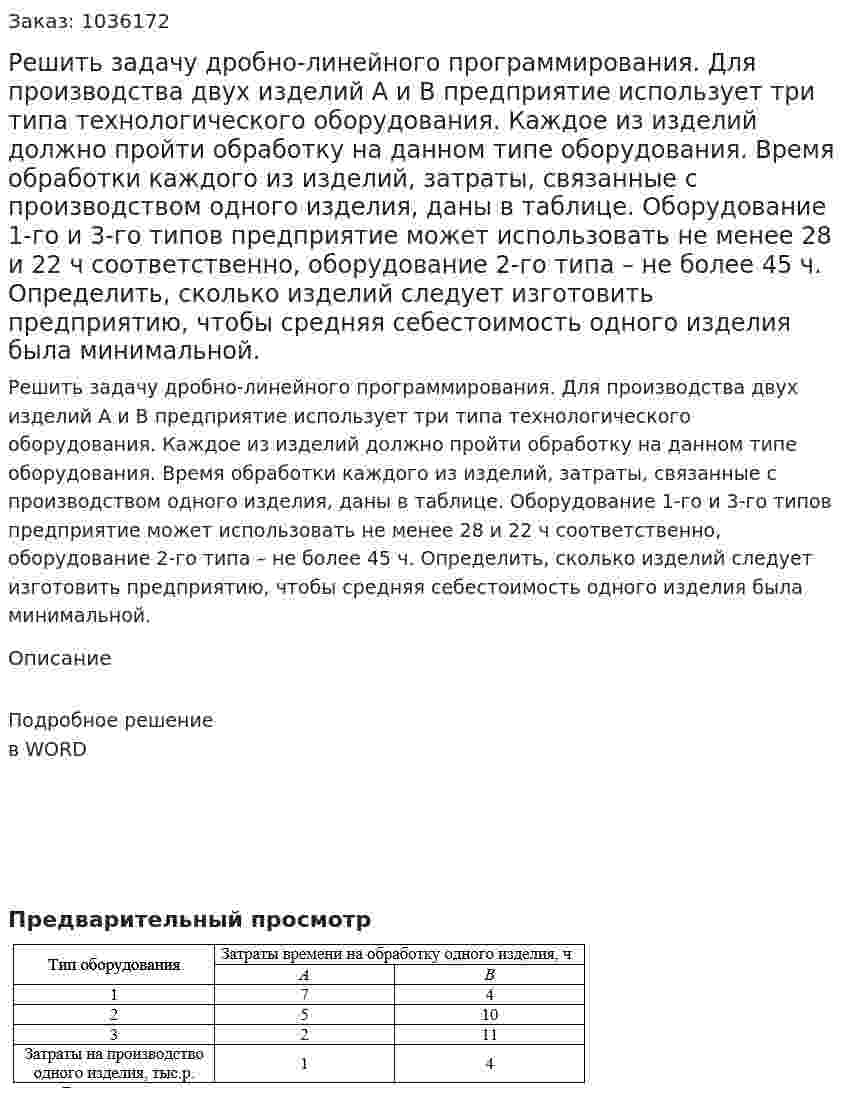 Решить задачу дробно-линейного программирования. Для производства двух изделий A и B предприятие использует три типа технологического оборудования. Каждое из изделий должно пройти обработку на данном типе оборудования. Время обработки каждого из изделий, затраты, связанные с производством одного изделия, даны в таблице. Оборудование 1-го и 3-го типов предприятие может использовать не менее 28 и 22 ч соответственно, оборудование 2-го типа – не более 45 ч. Определить, сколько изделий следует изготовить предприятию, чтобы средняя себестоимость одного изделия была минимальной. 