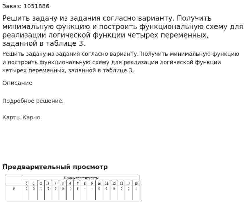 Решить задачу из задания согласно варианту. Получить минимальную функцию и построить функциональную схему для реализации логической функции четырех переменных, заданной в таблице 3. 