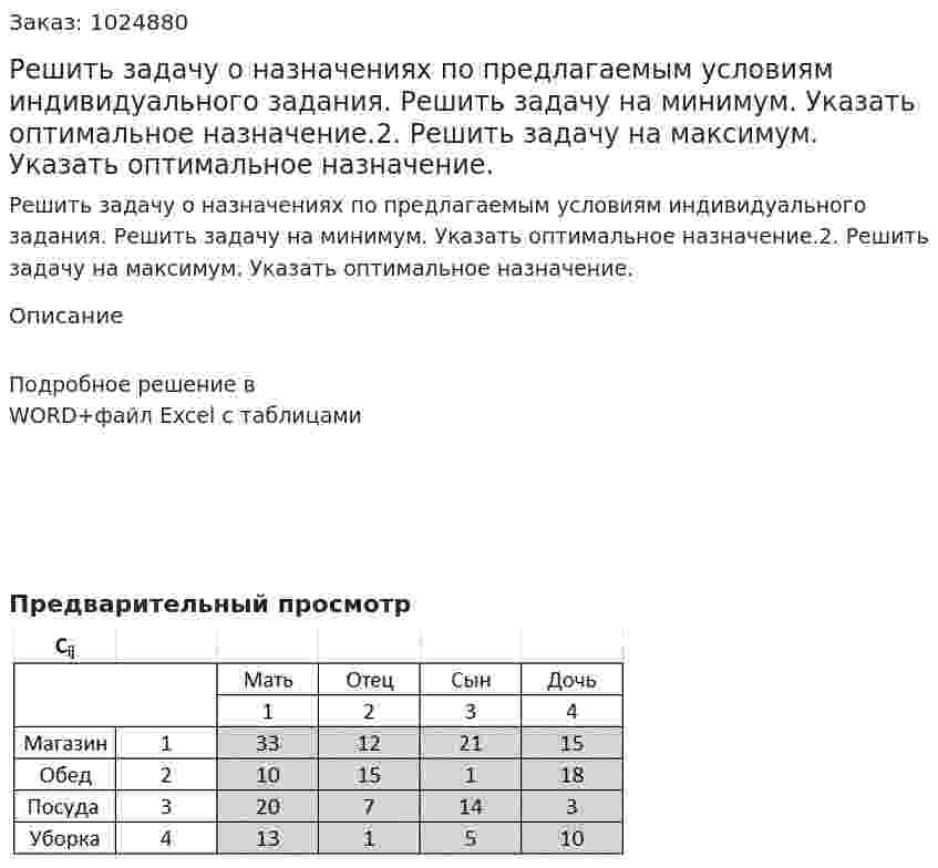 Решить задачу о назначениях по предлагаемым условиям индивидуального задания. Решить задачу на минимум. Указать оптимальное назначение.2. Решить задачу на максимум. Указать оптимальное назначение.