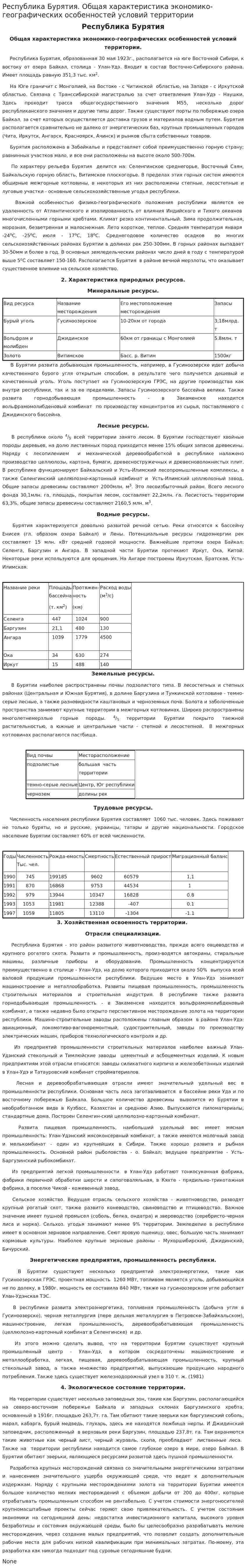 Республика Бурятия. Общая характеристика экономико-географических особенностей условий территории