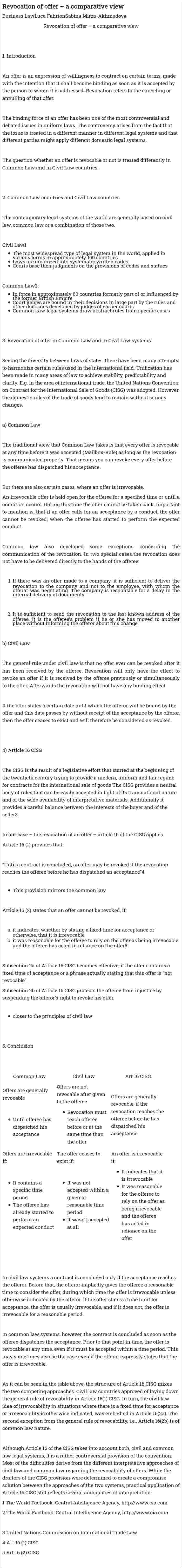 Revocation of offer – a comparative view