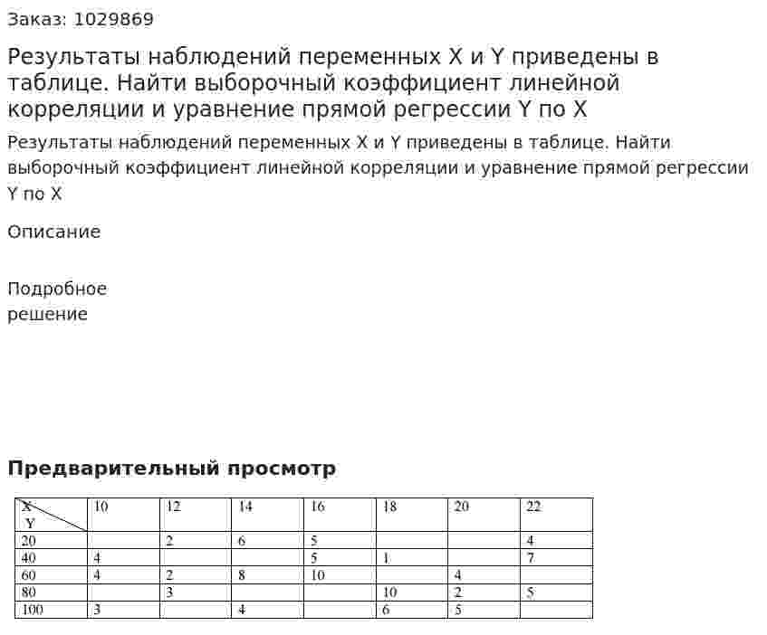 Результаты наблюдений переменных X и Y приведены в таблице. Найти выборочный коэффициент линейной корреляции и уравнение прямой регрессии Y по X 