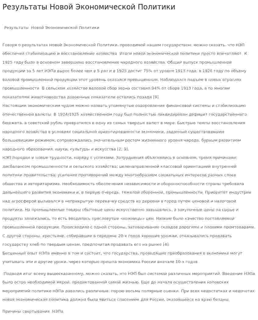 Результаты Новой Экономической Политики