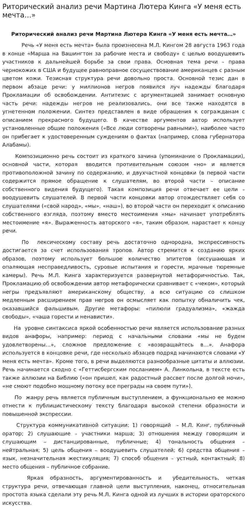 Риторический анализ речи Мартина Лютера Кинга «У меня есть мечта…»