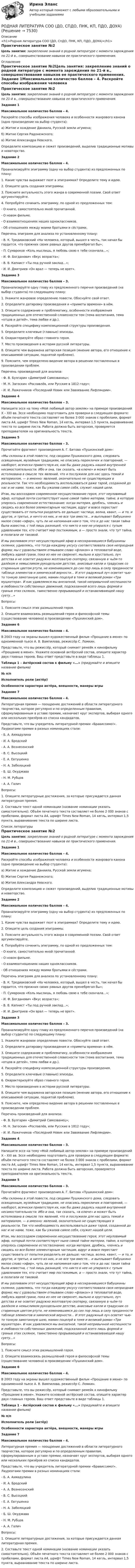      
          Описание
          <h1>Родная литература СОО (ДО, СпДО, ПНК, КП, ПДО, ДОУА)</h1>Практическое занятие №2Цель занятия: закрепление знаний о родной литературе с момента зарождения по 21-й в., совершенствование навыков ее практического применения. 
          Оглавление
          Практическое занятие №2Цель занятия: закрепление знаний о родной литературе с момента зарождения по 21-й в., совершенствование навыков ее практического применения. Задание 1Максимальное количество баллов – 4. Раскройте способы изображения человека и особенности жанрового канона (одно произведение на выбор студента):а) Житие и хождение Даниила, Русской земли игумена;б) Житие Сергия Радонежского;в) Житие Александра Невского.Определите композицию и сюжет произведений, выделив традиционные мотивы и новаторство. Задание 2Максимальное количество баллов – 4. Проанализируйте эпиграмму (одну на выбор студента) из предложенных по плану:1. Какие чувства выражает поэт в эпиграммах? Определите тему и идею.2. Опишите цель создания эпиграммы.3. Поясните актуальность этого жанра в современной поэзии. Свой ответ аргументируйте.4. Попробуйте сочинить эпиграмму, по одной из предложенных тем:-     О книге, самостоятельно мной прочитанной.-     О новом фильме.-     О взаимоотношениях наших одноклассников.-     Об отношениях между моими братьями и сёстрами. Перечень эпиграмм для анализа по установленному плану:-     В. К. Тредиаковский «На человека, который, вышел в честь, так начал бы гордится, что прежних своих равных другов пренебрегал бы»;-     П. Сумароков «Коль мыслишь, я любовь свою к тебе скончала...»;-     И. Ф. Богданович «Вкус возраста»;-     В. В. Капнист «Ты под ручной заклад...»;-     И. И. Дмитриев «Он врал — теперь не врет». Задание 3Максимальное количество баллов – 3. Проанализируйте одну главу из предложенного перечня произведений (на выбор студента) по следующему плану: 1. Укажите жанровое определение повести. Обоснуйте свой ответ.2. Определите датировку произведения и «приметы времени» в нём.3. Опишите содержание и проблематику, особенности изображения традиционных для отечественной словесности тем (тема воспитания, тема «отцов и детей», тема любви и др.).4. Раскройте специфику композиционной структуры произведения.5. Определите ключевые (главные) эпизоды.6. Охарактеризуйте образ главного героя.7. Место произведения в истории русской литературы.8. Опишите чем выражена авторская позиция (мнение автора, его отношение к описываемой ситуации, поднятой проблеме).9. Поясните, чем определено видение автора в решении поставленных в произведении проблем. Перечень произведений для анализа:-     Ф. В. Булгарин «Димитрий Самозванец»;-     М. Н. Загоскин «Рославлёв, или Русские в 1812 году»;-     И. И. Лажечников «Последний Новик или Завоевание Лифляндии».   Задание 4Максимальное количество баллов – 3. Напишите эссе на тему «Мой любимый автор-земляк» на примере произведений   X – XXI вв. Эссе необходимо подготовить для проверки в следующем формате: объём печатного текста составляет не более 3 000 знаков с пробелами, формат листа А4, шрифт Times New Roman, 14 кегль, интервал 1,5 пункта, выравнивание текста по ширине листа. Работа должна быть авторская, проверяется преподавателем на оригинальность текста.  Задание 5Максимальное количество баллов – 3. Прочитайте фрагмент произведения А. Г. Битова «Пушкинский дом»:«Мы склонны в этой повести, под сводами Пушкинского дома, следовать освященным, музейным традициям, не опасаясь перекличек и повторений, — наоборот, всячески приветствуя их, как бы даже радуясь нашей внутренней несамостоятельности. Ибо и она, так сказать, «в ключе» и может быть истолкована в смысле тех явлений, что и послужили для нас здесь темой и материалом, — а именно: явлений, окончательно не существующих в реальности. Так что необходимость воспользоваться даже тарой, созданной до нас и не нами, тоже, как бы ужалив самое себя, служит нашей цели.Итак, мы воссоздаем современное несуществование героя, этот неуловимый эфир, который почти соответствует ныне самой тайне материи, тайне, в которую уперлось современное естествознание: когда материя, дробясь, членясь и сводясь ко все более элементарным частицам, вдруг и вовсе перестает существовать от попытки разделить ее дальше: частица, волна, квант, — и то, и другое, и третье, и ничто из них, и не все три вместе… и выплывает бабушкино милое слово «эфир», чуть ли не напоминая нам о том, что и до нас такая тайна была известна, с той лишь разницей, что никто в нее не упирался с тупым удивлением тех, кто считает мир постижимым, а — просто знали, что тут тайна, и полагали ее таковой.И мы разливаем этот несуществующий эфир в несохранившиеся бабушкины склянки, удивляясь, что тогда каждому уксусу соответствовала своя непраздная форма; мы с удовольствием отмываем слово «флакон» в тепловатой воде, любуясь идеей грани, пока из нее не сверкнет, мыльно и хрустально, луч детства и не осветит радужно желтоватую скатерку, связанную в чьём-то далёком и немыслимом рукодельном детстве, анисовые капли и градусник со старинным цветом ртути, не изменившимся до сих пор лишь в силу преданности таблице элементов и химической верности… И этот радужный луч осветит чью-то тонкую замотанную шею, мамин поцелуй в темя и великий роман «Три мушкетера». И как удивляемся мы внезапной, такой непривычной неспешности и любовности собственных движений, подсказанной всего лишь формой и гранью этих склянок, таинственно прорывающей и останавливающей нашу суету…» Вопросы:1. Поясните смысл этих размышлений героя.2. Опишите взаимосвязь размышлений героя и философской темы (существование человека) в произведении «Пушкинский дом».  Задание 6Максимальное количество баллов – 4. В 2003 году на экраны вышел художественный фильм «Прощание в июне» по одноименной пьесе А. В. Вампилова, режиссёр С. Ломкин.   Представьте, что вы режиссёр, который снимает ремейк к кинофильму «Прощание в июне». Укажите основной актёрский состав, опишите характер двух главных героев. Ваш ответ представьте в виде таблицы 1. Таблица 1 – Актёрский состав к фильму «...» (придумайте и впишите название фильма) № п/пИсполнитель роли (актёр) Особенности характера актёра, внешности, манеры игры        Задание 7Максимальное количество баллов – 4. Литературная премия — поощрение достижений в области литературного творчества, которое регулярно и по определенным правилам, сформулированным в уставе премии, назначает круг экспертов, выбирая одного или нескольких призёров из списка кандидатов.Представьте, что вы учредитель литературной премии «Брависсимо!». Лауреатами премии в разных номинациях стали:-          Б. А. Ахмадулина-          И. А. Бродский-          А. А. Вознесенский-          В. С. Высоцкий-          Е. А. Евтушенко-          Н. А. Заболоцкий-          Б. Ш. Окуджава-          Н. М. Рубцов-          А. А. Галич Вопросы:1. Опишите литературные достижения, за которые присуждается данная литературная премия.2. Составьте текст одной номинации (название номинации указать самостоятельно). Объём печатного текста составляет не более 2 000 знаков с пробелами, формат листа А4, шрифт Times New Roman, 14 кегль, интервал 1,5 пункта, выравнивание текста по ширине листа. 
          Список литературы
          Практическое занятие №2Цель занятия: закрепление знаний о родной литературе с момента зарождения по 21-й в., совершенствование навыков ее практического применения. Задание 1Максимальное количество баллов – 4. Раскройте способы изображения человека и особенности жанрового канона (одно произведение на выбор студента):а) Житие и хождение Даниила, Русской земли игумена;б) Житие Сергия Радонежского;в) Житие Александра Невского.Определите композицию и сюжет произведений, выделив традиционные мотивы и новаторство. Задание 2Максимальное количество баллов – 4. Проанализируйте эпиграмму (одну на выбор студента) из предложенных по плану:1. Какие чувства выражает поэт в эпиграммах? Определите тему и идею.2. Опишите цель создания эпиграммы.3. Поясните актуальность этого жанра в современной поэзии. Свой ответ аргументируйте.4. Попробуйте сочинить эпиграмму, по одной из предложенных тем:-     О книге, самостоятельно мной прочитанной.-     О новом фильме.-     О взаимоотношениях наших одноклассников.-     Об отношениях между моими братьями и сёстрами. Перечень эпиграмм для анализа по установленному плану:-     В. К. Тредиаковский «На человека, который, вышел в честь, так начал бы гордится, что прежних своих равных другов пренебрегал бы»;-     П. Сумароков «Коль мыслишь, я любовь свою к тебе скончала...»;-     И. Ф. Богданович «Вкус возраста»;-     В. В. Капнист «Ты под ручной заклад...»;-     И. И. Дмитриев «Он врал — теперь не врет». Задание 3Максимальное количество баллов – 3. Проанализируйте одну главу из предложенного перечня произведений (на выбор студента) по следующему плану: 1. Укажите жанровое определение повести. Обоснуйте свой ответ.2. Определите датировку произведения и «приметы времени» в нём.3. Опишите содержание и проблематику, особенности изображения традиционных для отечественной словесности тем (тема воспитания, тема «отцов и детей», тема любви и др.).4. Раскройте специфику композиционной структуры произведения.5. Определите ключевые (главные) эпизоды.6. Охарактеризуйте образ главного героя.7. Место произведения в истории русской литературы.8. Опишите чем выражена авторская позиция (мнение автора, его отношение к описываемой ситуации, поднятой проблеме).9. Поясните, чем определено видение автора в решении поставленных в произведении проблем. Перечень произведений для анализа:-     Ф. В. Булгарин «Димитрий Самозванец»;-     М. Н. Загоскин «Рославлёв, или Русские в 1812 году»;-     И. И. Лажечников «Последний Новик или Завоевание Лифляндии».   Задание 4Максимальное количество баллов – 3. Напишите эссе на тему «Мой любимый автор-земляк» на примере произведений   X – XXI вв. Эссе необходимо подготовить для проверки в следующем формате: объём печатного текста составляет не более 3 000 знаков с пробелами, формат листа А4, шрифт Times New Roman, 14 кегль, интервал 1,5 пункта, выравнивание текста по ширине листа. Работа должна быть авторская, проверяется преподавателем на оригинальность текста.  Задание 5Максимальное количество баллов – 3. Прочитайте фрагмент произведения А. Г. Битова «Пушкинский дом»:«Мы склонны в этой повести, под сводами Пушкинского дома, следовать освященным, музейным традициям, не опасаясь перекличек и повторений, — наоборот, всячески приветствуя их, как бы даже радуясь нашей внутренней несамостоятельности. Ибо и она, так сказать, «в ключе» и может быть истолкована в смысле тех явлений, что и послужили для нас здесь темой и материалом, — а именно: явлений, окончательно не существующих в реальности. Так что необходимость воспользоваться даже тарой, созданной до нас и не нами, тоже, как бы ужалив самое себя, служит нашей цели.Итак, мы воссоздаем современное несуществование героя, этот неуловимый эфир, который почти соответствует ныне самой тайне материи, тайне, в которую уперлось современное естествознание: когда материя, дробясь, членясь и сводясь ко все более элементарным частицам, вдруг и вовсе перестает существовать от попытки разделить ее дальше: частица, волна, квант, — и то, и другое, и третье, и ничто из них, и не все три вместе… и выплывает бабушкино милое слово «эфир», чуть ли не напоминая нам о том, что и до нас такая тайна была известна, с той лишь разницей, что никто в нее не упирался с тупым удивлением тех, кто считает мир постижимым, а — просто знали, что тут тайна, и полагали ее таковой.И мы разливаем этот несуществующий эфир в несохранившиеся бабушкины склянки, удивляясь, что тогда каждому уксусу соответствовала своя непраздная форма; мы с удовольствием отмываем слово «флакон» в тепловатой воде, любуясь идеей грани, пока из нее не сверкнет, мыльно и хрустально, луч детства и не осветит радужно желтоватую скатерку, связанную в чьём-то далёком и немыслимом рукодельном детстве, анисовые капли и градусник со старинным цветом ртути, не изменившимся до сих пор лишь в силу преданности таблице элементов и химической верности… И этот радужный луч осветит чью-то тонкую замотанную шею, мамин поцелуй в темя и великий роман «Три мушкетера». И как удивляемся мы внезапной, такой непривычной неспешности и любовности собственных движений, подсказанной всего лишь формой и гранью этих склянок, таинственно прорывающей и останавливающей нашу суету…» Вопросы:1. Поясните смысл этих размышлений героя.2. Опишите взаимосвязь размышлений героя и философской темы (существование человека) в произведении «Пушкинский дом».  Задание 6Максимальное количество баллов – 4. В 2003 году на экраны вышел художественный фильм «Прощание в июне» по одноименной пьесе А. В. Вампилова, режиссёр С. Ломкин.   Представьте, что вы режиссёр, который снимает ремейк к кинофильму «Прощание в июне». Укажите основной актёрский состав, опишите характер двух главных героев. Ваш ответ представьте в виде таблицы 1. Таблица 1 – Актёрский состав к фильму «...» (придумайте и впишите название фильма) № п/пИсполнитель роли (актёр) Особенности характера актёра, внешности, манеры игры        Задание 7Максимальное количество баллов – 4. Литературная премия — поощрение достижений в области литературного творчества, которое регулярно и по определенным правилам, сформулированным в уставе премии, назначает круг экспертов, выбирая одного или нескольких призёров из списка кандидатов.Представьте, что вы учредитель литературной премии «Брависсимо!». Лауреатами премии в разных номинациях стали:-          Б. А. Ахмадулина-          И. А. Бродский-          А. А. Вознесенский-          В. С. Высоцкий-          Е. А. Евтушенко-          Н. А. Заболоцкий-          Б. Ш. Окуджава-          Н. М. Рубцов-          А. А. Галич Вопросы:1. Опишите литературные достижения, за которые присуждается данная литературная премия.2. Составьте текст одной номинации (название номинации указать самостоятельно). Объём печатного текста составляет не более 2 000 знаков с пробелами, формат листа А4, шрифт Times New Roman, 14 кегль, интервал 1,5 пункта, выравнивание текста по ширине листа.
            
            
            Родная литература СОО (ДО, СпДО, ПНК, КП, ПДО, ДОУА)РОДНАЯ ЛИТЕРАТУРА СОО (ДО, СПДО, ПНК, КП, ПДО, ДОУА)Родная литература СОО (ДО, СпДО, ПНК, КП, ПДО, ДОУА) КОМПЛЕКСНОЕРОДНАЯ ЛИТЕРАТУРА СОО (ДО, СПДО, ПНК, КП, ПДО, ДОУА) НСПК Практическое занятие №1. Задания 1-2,5-10. НА ОТЛИЧНО!!!Родная литература СОО (ДО, СпДО, ПНК, КП, ПДО, ДОУА) Практическое занятие №1. Задания 1-2,5-10Родная литература СОО НСПК  Тестовые вопросы к разделу 1Родная литература СОО НСПК Тестовые вопросы к разделу 2Родная литература Практическое занятие №2 2 семестрРодная литература СОО (ДО, СпДО, ПНК, КП, ПДО, ДОУА)Родная литература СОО (ДО, СпДО, ПНК, КП, ПДО, ДОУА)Родная литература СОО (ДО, СпДО, ПНК, КП, ПДО, ДОУА)Родная литература СОО (ДО, СпДО, ПНК, КП, ПДО, ДОУА)Родная литература СОО (ДО, СпДО, ПНК, КП, ПДО, ДОУА)Родная литература СОО (ДО, СпДО, ПНК, КП, ПДО, ДОУА)