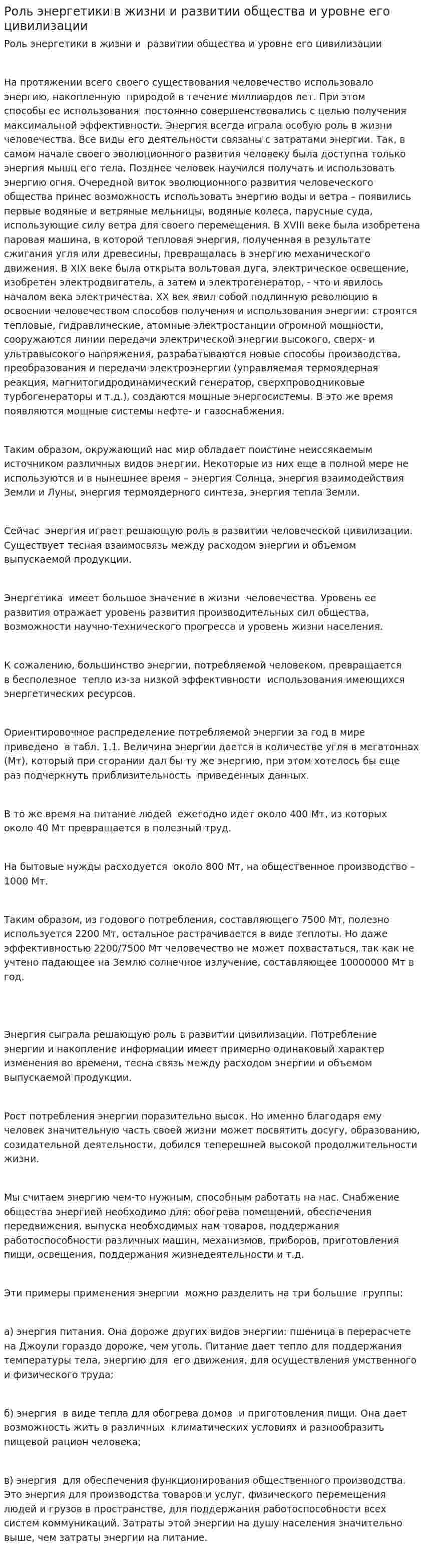 Роль энергетики в жизни и развитии общества и уровне его цивилизации