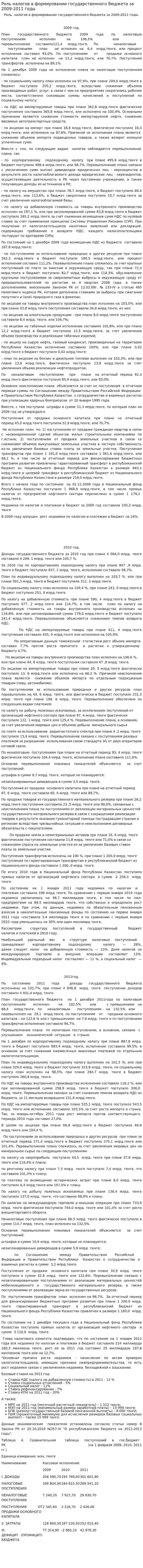 Роль налогов в формировании государственного бюджета за 2009-2011 годы
