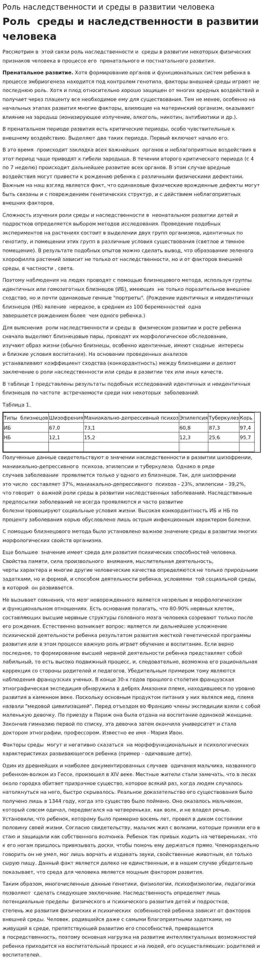 Роль наследственности и среды в развитии человека