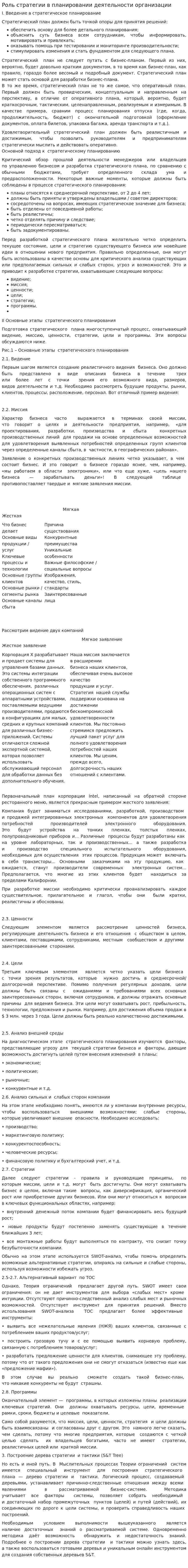 Роль стратегии в планировании деятельности организации