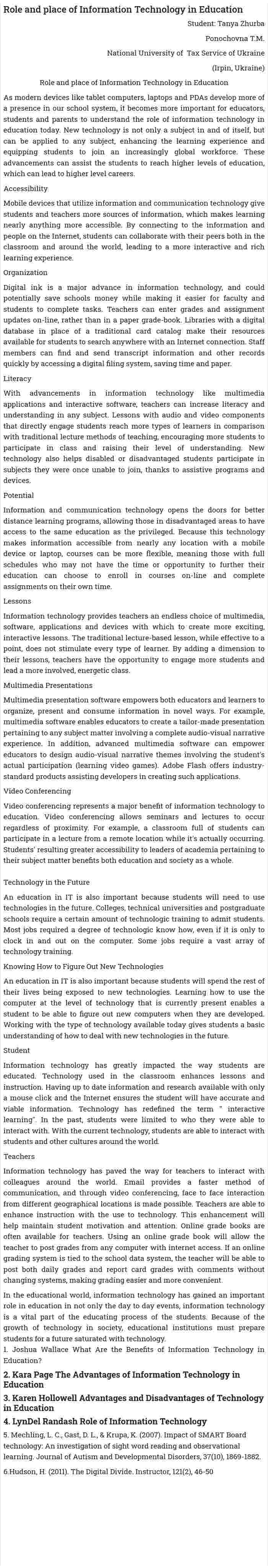 Role and place of Information Technology in Education