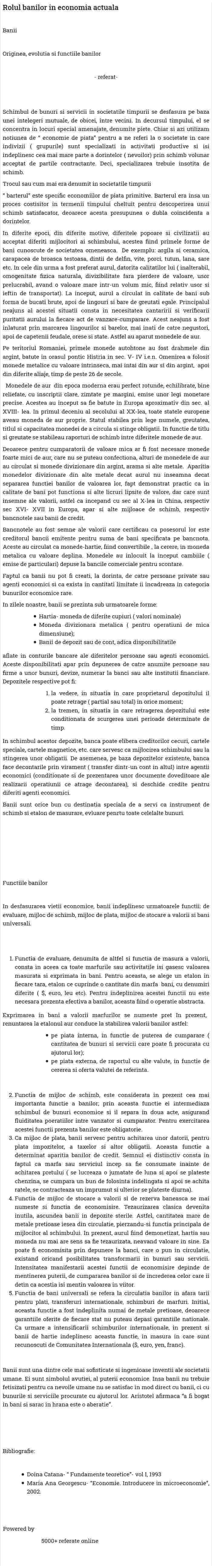 Rolul banilor in economia actuala
