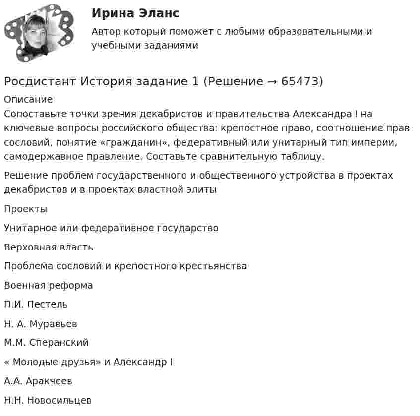     
            Описание
            Сопоставьте точки зрения декабристов и правительства Александра I на ключевые вопросы российского общества: крепостное право, соотношение прав сословий, понятие «гражданин», федеративный или унитарный тип империи, самодержавное правление. Составьте сравнительную таблицу.Решение проблем государственного и общественного устройства в проектах декабристов и в проектах властной элиты   Проекты Унитарное или федеративное государство Верховная власть Проблема сословий и крепостного крестьянства Военная реформа   П.И. Пестель     Н. А. Муравьев     М.М. Сперанский     « Молодые друзья» и Александр I     А.А. Аракчеев     Н.Н. Новосильцев        
            
            
            (Росдистант История) Документ, объединивший феодалов в единый класс-сословие, – этоРосдистант История задание 1РОСДИСТАНТ / История / Задание 1,2 / Промежуточный тест/ Итоговые тестыРосдистант История задание 2[Росдистант] История и методология юридической науки.Итоговый тест Росдистант ТГУ[Росдистант] История и методология юридической науки (тесты, вопросы, ответы)Росдистант. История (история России, всеобщая история)[Росдистант]История государства и права зарубежных стран 2.Итоговый тест Росдистант ТГУ 2022г[Росдистант] История государства и права зарубежных стран 2 Ответы на вопросы промежуточных и ИТОГОВЫХ тестов[Росдистант] История государства и права России 1 (315) (промежуточные и итоговый тесты, вопросы, ответы)[Росдистант] История государства и права России 1.Итоговый тест Росдистант ТГУ 2022г [Росдистант] История государства и права России 1 (контрольная работа, практические задания)[Росдистант]История государства и права России 2.Итоговый тест Росдистант ТГУ 2022г[Росдистант] История государства и права России 2 (тесты, вопросы, ответы)