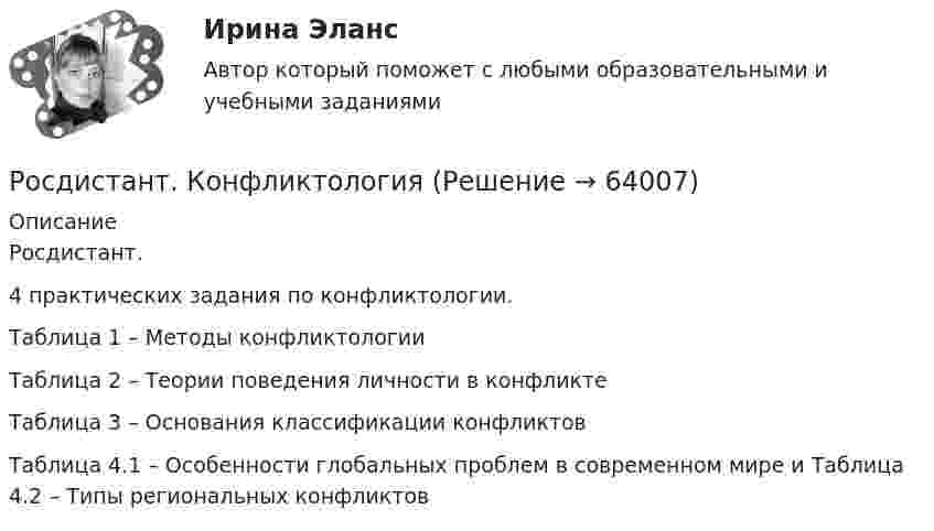      
            Описание
            Росдистант.4 практических задания по конфликтологии.Таблица 1 – Методы конфликтологииТаблица 2 – Теории поведения личности в конфликтеТаблица 3 – Основания классификации конфликтовТаблица 4.1 – Особенности глобальных проблем в современном мире и Таблица 4.2 – Типы региональных конфликтов   
            
            
            [Росдистант]  Консультативная психология (ПРАКТИЧЕСКИЕ ЗАДАНИЯ)Росдистант. Конфликтология(Росдистант Конфликтология) Бесконфликтное поведение – это(Росдистант Конфликтология) В данной трансакции реакция одного человека непосредственно дополняется реакцией другого, то есть в данном случае реакции людей друг на друга отвечают взаимным ожиданиям и соответствуют здоровым человеческим отношениям; (Росдистант Конфликтология) В зависимости от способа разрешения конфликты бывают(Росдистант Конфликтология) В зависимости от сферы проявления выделяют такие конфликты, как(Росдистант Конфликтология) В каких ситуациях более уместна роль посредника в деятельности руководителя?[Росдистант] Конструкции из дерева и пластмасс (промежуточные и итоговый тесты, вопросы, ответы)[Росдистант] Конструкционное материаловедение. Практические задания (Вариант 2, 3)[Росдистант] Конструкция автомобилей 1 (ИТОГОВЫЙ ТЕСТ) Росдистант ТГУ[Росдистант] Конструкция автомобилей 1 (контрольная работа, практические задания)Росдистант Конструкция автомобилей 1 Промежуточный тест 1Росдистант Конструкция автомобилей 1 Промежуточный тест 2Росдистант. Консультативная психология