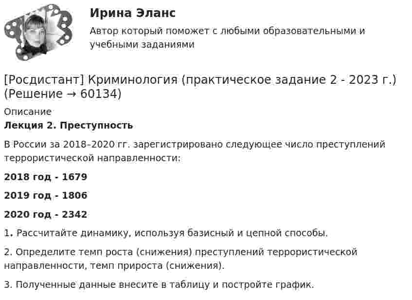     
            Описание
            Лекция 2. Преступность 	В России за 2018–2020 гг. зарегистрировано следующее число преступлений террористической направленности:  2018 год - 1679 2019 год - 1806 2020 год - 2342	1. Рассчитайте динамику, используя базисный и цепной способы. 	2. Определите темп роста (снижения) преступлений террористической направленности, темп прироста (снижения). 	3. Полученные данные внесите в таблицу и постройте график.   
            
            
            РОСДИСТАНТ Криминология Практическое задание 1 Современные криминологические теории[Росдистант] Криминология (практическое задание 2 - 2023 г.)РОСДИСТАНТ Криминология Практическое задание 2 Преступность [Росдистант]Криминология.ПРАКТИЧЕСКОЕ ЗАДАНИЕ 2 Росдистант ТГУ 2023г[Росдистант] Криминология (практическое задание 3 - 2023 г.)[Росдистант]Криминология.ПРАКТИЧЕСКОЕ ЗАДАНИЕ 3 Росдистант ТГУ 2023г[Росдистант] Криминология (практическое задание 4 - 2023 г.)(Росдистант) Криминология (Практические задания 1)(Росдистант) Криминология (Практические задания 1-6)(Росдистант) Криминология (Практические задания 2)(Росдистант) Криминология (Практические задания 3)(Росдистант) Криминология (Практические задания 4)(Росдистант) Криминология (Практические задания 5)(Росдистант) Криминология (Практические задания 6)