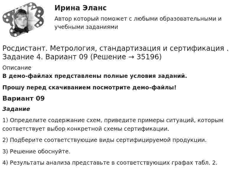     
          Описание
          В демо-файлах представлены полные условия заданий.Прошу перед скачиванием посмотрите демо-файлы! Вариант 09	Задание	1) Определите содержание схем, приведите примеры ситуаций, которым соответствует выбор конкретной схемы сертификации. 	2) Подберите соответствующие виды сертифицируемой продукции. 	3) Решение обоснуйте.    4) Результаты анализа представьте в соответствующих графах табл. 2.  
            
            
            Росдистант. Метрология, стандартизация и сертификация . Задание 3. Вариант 9Росдистант. Метрология, стандартизация и сертификация . Задание 4. Вариант 09[Росдистант] Метрология, стандартизация и сертификация (ИТОГОВЫЙ ТЕСТ)[Росдистант] Метрология, стандартизация и сертификация (ИТОГОВЫЙ ТЕСТ)[Росдистант] Метрология, стандартизация и сертификация (ИТОГОВЫЙ ТЕСТ)[Росдистант] Метрология, стандартизация и сертификация.Итоговый тест Росдистант ТГУ 2022г [Росдистант]Метрология, стандартизация и сертификация.Итоговый тест Росдистант ТГУ 2023г[Росдистант] Методы решения проблем в информатике (7529) (контрольная работа, практические задания, вариант В,Г,Д)Росдистант. Методы решения проблем в информатике. Практические задания 1-4. Вариант К,Л,М.Росдистант. Метрология. Итоговый тест[Росдистант] Метрология (итоговый тест, вопросы, ответы)Росдистант. Метрология, стандартизация и сертификация, Вариант 5, ККРРосдистант. Метрология, стандартизация и сертификация . Задание 1. Вариант 09Росдистант. Метрология, стандартизация и сертификация . Задание 1. Вариант 09