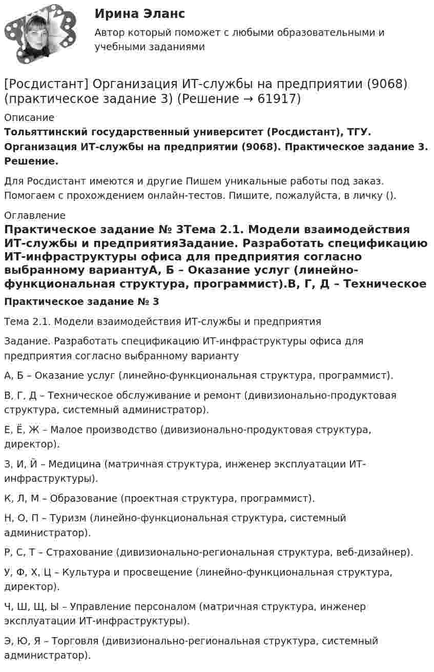     
            Описание
            Тольяттинский государственный университет (Росдистант), ТГУ. Организация ИТ-службы на предприятии (9068). Практическое задание 3. Решение.Для Росдистант имеются и другие  Пишем уникальные работы под заказ. Помогаем с прохождением онлайн-тестов. Пишите, пожалуйста, в личку (). 
            Оглавление
            Практическое задание № 3Тема 2.1. Модели взаимодействия ИТ-службы и предприятияЗадание. Разработать спецификацию ИТ-инфраструктуры офиса для предприятия согласно выбранному вариантуА, Б – Оказание услуг (линейно-функциональная структура, программист).В, Г, Д – Техническое обслуживание и ремонт (дивизионально-продуктовая структура, системный администратор).Е, Ё, Ж – Малое производство (дивизионально-продуктовая структура, директор).З, И, Й – Медицина (матричная структура, инженер эксплуатации ИТ-инфраструктуры).К, Л, М – Образование (проектная структура, программист).Н, О, П – Туризм (линейно-функциональная структура, системный администратор).Р, С, Т – Страхование (дивизионально-региональная структура, веб-дизайнер).У, Ф, Х, Ц – Культура и просвещение (линейно-функциональная структура, директор).Ч, Ш, Щ, Ы – Управление персоналом (матричная структура, инженер эксплуатации ИТ-инфраструктуры).Э, Ю, Я – Торговля (дивизионально-региональная структура, системный администратор).  
            
            
            [Росдистант] Организация ИТ-службы на предприятии (9068) (практическое задание 2)[Росдистант] Организация ИТ-службы на предприятии (9068) (практическое задание 3)[Росдистант] Организация ИТ-службы на предприятии (9068) (практическое задание 4)[Росдистант] Организация ИТ-службы на предприятии (9068) (практическое задание 5)[Росдистант] Организация ИТ-службы на предприятии (9068) (промежуточные и итоговый тесты, вопросы, ответы)(Росдистант) Организация ИТ-службы на предприятии. Итоговый и промежуточные тесты[Росдистант]Организация, нормирование труда и заработная плата 2.Итоговый тест Росдистант ТГУ 2023г[Росдистант] Организация и планирование строительства (ИТОГОВЫЙ ТЕСТ) Росдистант ТГУ 2023 г.[Росдистант] Организация и планирование строительства (ПРОМЕЖУТОЧНЫЙ ТЕСТ 1) Росдистант ТГУ 2023 г.[Росдистант] Организация и планирование строительства (ПРОМЕЖУТОЧНЫЙ ТЕСТ 2) Росдистант ТГУ 2023 г.[Росдистант] Организация и планирование строительства (ПРОМЕЖУТОЧНЫЙ ТЕСТ 3) Росдистант ТГУ 2023 г.[Росдистант] Организация и планирование строительства (ПРОМЕЖУТОЧНЫЙ ТЕСТ 4) Росдистант ТГУ 2023 г.[Росдистант] Организация и планирование строительства (ПРОМЕЖУТОЧНЫЙ ТЕСТ 5) Росдистант ТГУ 2023 г.[Росдистант] Организация и планирование строительства (ПРОМЕЖУТОЧНЫЙ ТЕСТ 6) Росдистант ТГУ 2023 г.