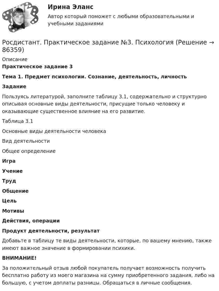     
            Описание
            Практическое задание 3Тема 1. Предмет психологии. Сознание, деятельность, личностьЗаданиеПользуясь литературой, заполните таблицу 3.1, содержательно и структурно описывая основные виды деятельности, присущие только человеку и оказывающие существенное влияние на его развитие.Таблица 3.1Основные виды деятельности человекаВид деятельностиОбщее определение Игра Учение Труд Общение Цель Мотивы Действия, операции Продукт деятельности, результатДобавьте в таблицу те виды деятельности, которые, по вашему мнению, также имеют важное значение в формировании психики.ВНИМАНИЕ!За положительный отзыв любой покупатель получает возможность получить бесплатно работу из моего магазина на сумму приобретенного задания, либо на большую, с учетом доплаты разницы. Обращаться в личные сообщения.   
            
            
            Росдистант. Практическое задание №2. ПсихологияРосдистант. Практическое задание №3. ПсихологияРосдистант. Практическое задание №4. Психология.Росдистант Практическое задание №6  по учебному курсу «Методика расследования отдельных видов преступлений»[Росдистант] Предварительное следствие (итоговый тест, вопросы, ответы)[Росдистант]Предварительное следствие.Росдистант ТГУ 2022г[Росдистант] Предметно-ориентированные информационные системы.Итоговый тест Росдистант ТГУРосдистант. Практическое задание 4. Тема 6. Базовые информационные технологииРОСДИСТАНТ ПРАКТИЧЕСКОЕ ЗАДАНИЕ 4 - Теория и практика межкультурной коммуникации(Росдистант) Практическое задание 5 Тема 2.4. Логические функции MS Excel (Росдистант) Практическое задание 6 Тема 3.1. СПС «Консультант Плюс»Росдистант Практическое задание 6 Тема 5.Общее учение о травме. Повреждения от механических факторовРосдистант, Практическое задание №1, Основы строительной климатологии, теплотехники, акустики и светотехники, вариант 1,3,4Росдистант. Практическое задание №1. Психология