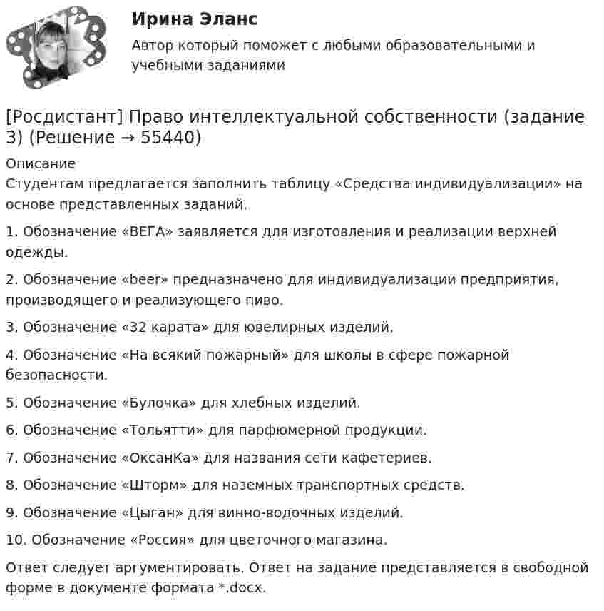      
            Описание
            Студентам предлагается заполнить таблицу «Средства индивидуализации» на основе представленных заданий.1. Обозначение «ВЕГА» заявляется для изготовления и реализации верхней одежды.2. Обозначение «beer» предназначено для индивидуализации предприятия, производящего и реализующего пиво.3. Обозначение «32 карата» для ювелирных изделий.4. Обозначение «На всякий пожарный» для школы в сфере пожарной безопасности.5. Обозначение «Булочка» для хлебных изделий.6. Обозначение «Тольятти» для парфюмерной продукции.7. Обозначение «ОксанКа» для названия сети кафетериев.8. Обозначение «Шторм» для наземных транспортных средств.9. Обозначение «Цыган» для винно-водочных изделий.10. Обозначение «Россия» для цветочного магазина.Ответ следует аргументировать. Ответ на задание представляется в свободной форме в документе формата *.docx.   
            
            
            [Росдистант] Право интеллектуальной собственности (задание 2)[Росдистант] Право интеллектуальной собственности (задание 3)[Росдистант] Право интеллектуальной собственности (задание 3)[Росдистант] Право интеллектуальной собственности (задание 4)[Росдистант]Право интеллектуальной собственности.Итоговый тест Росдистант ТГУ 2023гРосдистант, Право интеллектуальной собственности Практическое задание №1[Росдистант] Правоохранительные органы (итоговый тест, вопросы, ответы)[Росдистант] Правовое регулирование антикоррупционной деятельности  (ПРОМЕЖУТОЧНЫЕ ТЕСТЫ) Росдистант ТГУ 2023 г.[Росдистант] Правовое регулирование антитеррористической безопасности (Практические задания для ВКС) Росдистант ТГУ[Росдистант] Правовое регулирование государственных и муниципальных закупок.Итоговый тест Росдистант ТГУ[Росдистант] Правовое регулирование государственных и муниципальных закупок (Практические задания  для ВКС) Росдистант ТГУ[Росдистант] Правовое регулирование государственных и муниципальных закупок  (ПРОМЕЖУТОЧНЫЕ ТЕСТЫ) Росдистант ТГУ 2023 г.[Росдистант] Правовое регулирование предупреждения коррупции в сфере государственного управления и местного самоуправления (контрольная работа, практические задания)Росдистант Право интеллектуальной деятельности. Практические задания 1-2