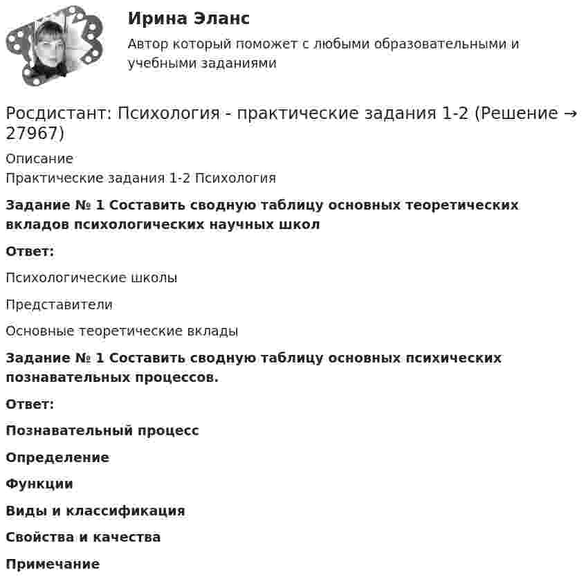      
          Описание
          Практические задания 1-2 Психология Задание № 1 Составить сводную таблицу основных теоретических вкладов психологических научных школ Ответ:  Психологические школы Представители Основные теоретические вклады Задание № 1 Составить сводную таблицу основных психических познавательных процессов. Ответ: Познавательный процесс Определение Функции Виды и классификация Свойства и качества Примечание   
            
            
            [Росдистант] Психология (ПРАКТИЧЕСКИЕ ЗАДАНИЯ)Росдистант: Психология - практические задания 1-2Росдистант. Психология. Практические задания 1-4.[Росдистант] ПСИХОЛОГИЯ (Практические задания для ВКС)  Росдистант ТГУРосдистант Психология практическое задание 1-3Росдистант Психология Практическое задание 4[Росдистант] Психология  (ПРОМЕЖУТОЧНЫЕ ТЕСТЫ) Росдистант ТГУ 2023 г.Росдистант. Психология кризисных состояний. Тест2Росдистант. Психология кризисных состояний. Тест 9-12Росдистант. Психология личности[Росдистант] Психология личности (ПРОМЕЖУТОЧНЫЕ ТЕСТЫ) Росдистант ТГУ 2023 г.Росдистант.Психология общения.Итоговый тест[Росдистант]Психология общения.Росдистант ТГУ 2022г [Росдистант] Психология отклоняющегося развития и поведения (ПРАКТИЧЕСКИЕ ЗАДАНИЯ)