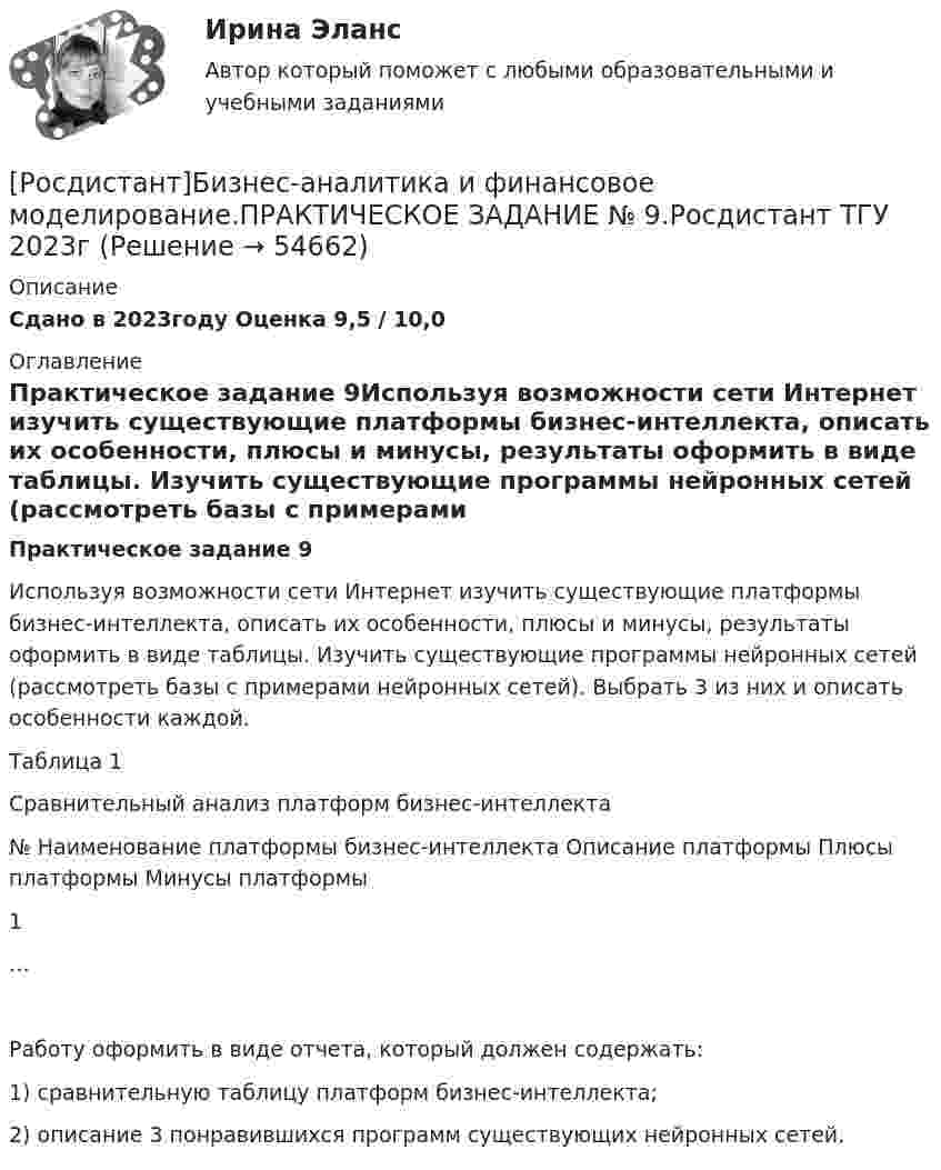     
            Описание
            Сдано в 2023году Оценка 9,5 / 10,0 
            Оглавление
            Практическое задание 9Используя возможности сети Интернет изучить существующие платформы бизнес-интеллекта, описать их особенности, плюсы и минусы, результаты оформить в виде таблицы. Изучить существующие программы нейронных сетей (рассмотреть базы с примерами нейронных сетей). Выбрать 3 из них и описать особенности каждой. Таблица 1Сравнительный анализ платформ бизнес-интеллекта№   Наименование платформы бизнес-интеллекта   Описание платформы   Плюсы платформы   Минусы платформы1            …            Работу оформить в виде отчета, который должен содержать:1) сравнительную таблицу платформ бизнес-интеллекта;2) описание 3 понравившихся программ существующих нейронных сетей.  
            
            
            [Росдистант]Бизнес-аналитика и финансовое моделирование.ПРАКТИЧЕСКОЕ ЗАДАНИЕ № 8.Росдистант ТГУ 2023г[Росдистант]Бизнес-аналитика и финансовое моделирование.ПРАКТИЧЕСКОЕ ЗАДАНИЕ № 9.Росдистант ТГУ 2023г[Росдистант] Бизнес-моделирование (ПРАКТИЧЕСКИЕ ЗАДАНИЯ)[Росдистант] Бизнес-моделирование (тесты, вопросы, ответы)[Росдистант] Бизнес-моделирование ( ТЕСТЫ) Росдистант ТГУ[Росдистант] Бизнес-планирование( ТЕСТЫ) Росдистант ТГУ[Росдистант] Бизнес-проектирование (ИТОГОВЫЙ ТЕСТ) Росдистант ТГУРОСДИСТАНТ/ Безопасность химико-технологических процессов и производств / Практические задания 1-9[Росдистант] Бизнес-аналитика и финансовое моделирование (задания 1-8)[Росдистант] Бизнес-аналитика и финансовое моделирование (ПРАКТИЧЕСКИЕ ЗАДАНИЯ)[Росдистант] Бизнес-аналитика и финансовое моделирование (ПРАКТИЧЕСКИЕ ЗАДАНИЯ)[Росдистант]Бизнес-аналитика и финансовое моделирование.ПРАКТИЧЕСКОЕ ЗАДАНИЕ № 4.Росдистант ТГУ 2023г[Росдистант]Бизнес-аналитика и финансовое моделирование.ПРАКТИЧЕСКОЕ ЗАДАНИЕ № 5.Росдистант ТГУ 2023г[Росдистант]Бизнес-аналитика и финансовое моделирование.ПРАКТИЧЕСКОЕ ЗАДАНИЕ № 5.Росдистант ТГУ 2023г