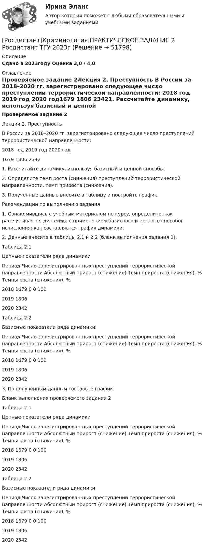     
            Описание
            Сдано в 2023году Оценка 3,0 / 4,0 
            Оглавление
            Проверяемое задание 2Лекция 2. Преступность В России за 2018–2020 гг. зарегистрировано следующее число преступлений террористической направленности: 2018 год   2019 год   2020 год1679   1806   23421. Рассчитайте динамику, используя базисный и цепной способы. 2. Определите темп роста (снижения) преступлений террористической направленности, темп прироста (снижения). 3. Полученные данные внесите в таблицу и постройте график.Рекомендации по выполнению задания1. Ознакомившись с учебным материалом по курсу, определите, как рассчитывается динамика с применением базисного и цепного способов исчисления; как составляется график динамики.2. Данные внесите в таблицы 2.1 и 2.2 (бланк выполнения задания 2).Таблица 2.1Цепные показатели ряда динамикиПериод   Число зарегистрирован-ных преступлений террористической направленности   Абсолютный прирост (снижение)   Темп прироста (снижения), %   Темпы роста (снижения), %2018   1679   0   0   1002019   1806         2020   2342         Таблица 2.2Базисные показатели ряда динамики:Период   Число зарегистрирован-ных преступлений террористической направленности   Абсолютный прирост (снижение)   Темп прироста (снижения), %   Темпы роста (снижения), %2018   1679   0   0   1002019   1806         2020   2342         3. По полученным данным составьте график.Бланк выполнения проверяемого задания 2Таблица 2.1Цепные показатели ряда динамикиПериод   Число зарегистрирован-ных преступлений террористической направленности   Абсолютный прирост (снижение)   Темп прироста (снижения), %   Темпы роста (снижения), %2018   1679   0   0   1002019   1806         2020   2342         Таблица 2.2Базисные показатели ряда динамикиПериод   Число зарегистрирован-ных преступлений террористической направленности   Абсолютный прирост (снижение)   Темп прироста (снижения), %   Темпы роста (снижения), %2018   1679   0   0   1002019   1806         2020   2342          
            
            
            РОСДИСТАНТ Криминология Практическое задание 2 Преступность [Росдистант]Криминология.ПРАКТИЧЕСКОЕ ЗАДАНИЕ 2 Росдистант ТГУ 2023г[Росдистант] Криминология (практическое задание 3 - 2023 г.)[Росдистант]Криминология.ПРАКТИЧЕСКОЕ ЗАДАНИЕ 3 Росдистант ТГУ 2023г[Росдистант] Криминология (практическое задание 4 - 2023 г.)[Росдистант]Криминология.ПРАКТИЧЕСКОЕ ЗАДАНИЕ 4 Росдистант ТГУ 2023г[Росдистант]Криминология.ПРАКТИЧЕСКОЕ ЗАДАНИЕ 5 Росдистант ТГУ 2023г(Росдистант) Криминология (Практические задания 2)(Росдистант) Криминология (Практические задания 3)(Росдистант) Криминология (Практические задания 4)(Росдистант) Криминология (Практические задания 5)(Росдистант) Криминология (Практические задания 6)[Росдистант]Криминология.ПРАКТИЧЕСКОЕ ЗАДАНИЕ 1 Росдистант ТГУ 2023гРОСДИСТАНТ Криминология Практическое задание 1 Современные криминологические теории