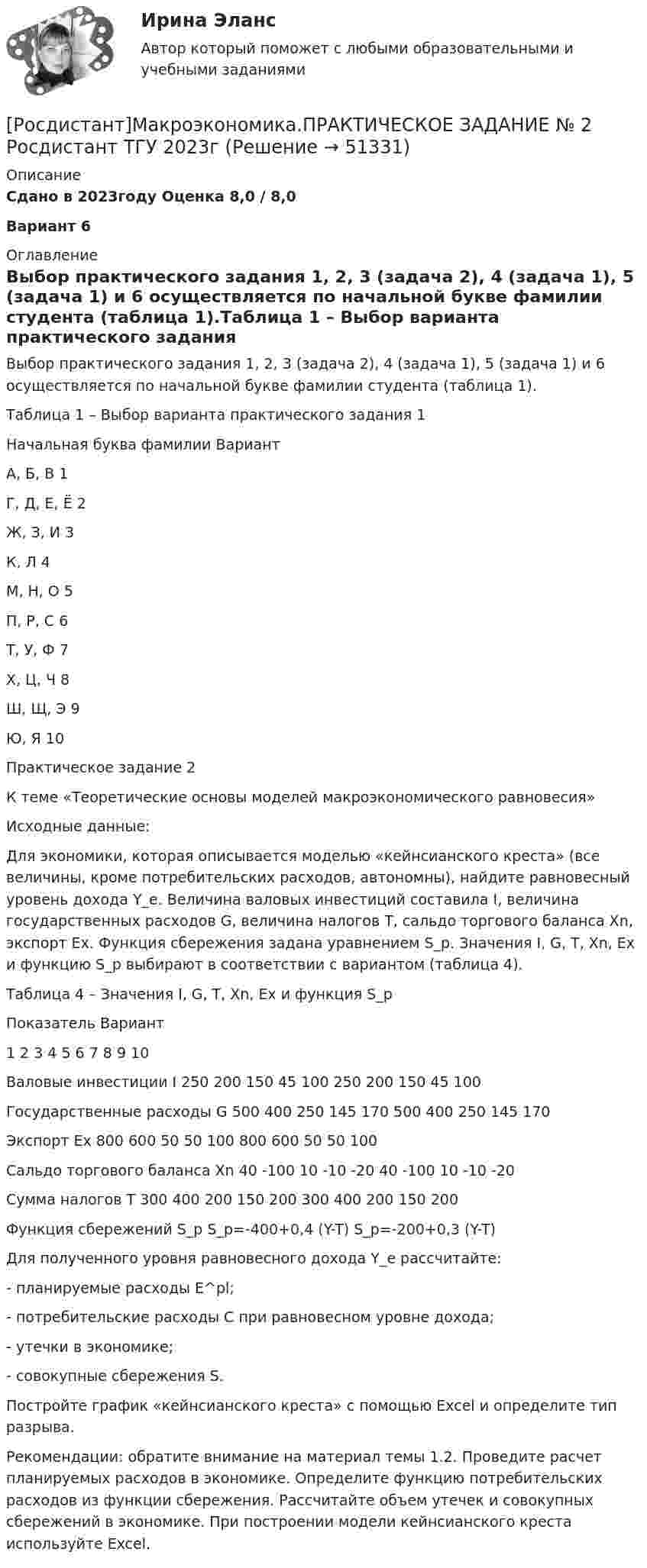     
            Описание
            Сдано в 2023году Оценка 8,0 / 8,0 Вариант 6 
            Оглавление
            Выбор практического задания 1, 2, 3 (задача 2), 4 (задача 1), 5 (задача 1) и 6 осуществляется по начальной букве фамилии студента (таблица 1).Таблица 1 – Выбор варианта практического задания 1Начальная буква фамилии   ВариантА, Б, В   1Г, Д, Е, Ё   2Ж, З, И   3К, Л   4М, Н, О   5П, Р, С   6Т, У, Ф   7Х, Ц, Ч   8Ш, Щ, Э   9Ю, Я   10Практическое задание 2К теме «Теоретические основы моделей макроэкономического равновесия»Исходные данные:Для экономики, которая описывается моделью «кейнсианского креста» (все величины, кроме потребительских расходов, автономны), найдите равновесный уровень дохода Y_e. Величина валовых инвестиций составила I, величина государственных расходов G, величина налогов T, сальдо торгового баланса Xn, экспорт Ex. Функция сбережения задана уравнением S_p. Значения I, G, T, Xn, Ex и функцию S_p выбирают в соответствии с вариантом (таблица 4). Таблица 4 – Значения I, G, T, Xn, Ex и функция S_pПоказатель   Вариант   1   2   3   4   5   6   7   8   9   10Валовые инвестиции I   250   200   150   45   100   250   200   150   45   100Государственные расходы G   500   400   250   145   170   500   400   250   145   170Экспорт Ex   800   600   50   50   100   800   600   50   50   100Сальдо торгового баланса Xn   40   -100   10   -10   -20   40   -100   10   -10   -20Сумма налогов T   300   400   200   150   200   300   400   200   150   200Функция сбережений S_p   S_p=-400+0,4 (Y-T)   S_p=-200+0,3 (Y-T)Для полученного уровня равновесного дохода Y_e рассчитайте:- планируемые расходы E^pl;- потребительские расходы C при равновесном уровне дохода;- утечки в экономике;- совокупные сбережения S.Постройте график «кейнсианского креста» с помощью Excel и определите тип разрыва.Рекомендации: обратите внимание на материал темы 1.2. Проведите расчет планируемых расходов в экономике. Определите функцию потребительских расходов из функции сбережения. Рассчитайте объем утечек и совокупных сбережений в экономике. При построении модели кейнсианского креста используйте Excel.  
            
            
            [Росдистант]Макроэкономика.ПРАКТИЧЕСКОЕ ЗАДАНИЕ № 1  Росдистант ТГУ 2023г[Росдистант]Макроэкономика.ПРАКТИЧЕСКОЕ ЗАДАНИЕ № 2 Росдистант ТГУ 2023г[Росдистант]Макроэкономика.ПРАКТИЧЕСКОЕ ЗАДАНИЕ № 3 Росдистант ТГУ 2023г[Росдистант]Макроэкономика.ПРАКТИЧЕСКОЕ ЗАДАНИЕ № 4-5 Росдистант ТГУ 2023г[Росдистант]Макроэкономика.ПРАКТИЧЕСКОЕ ЗАДАНИЕ № 6 Росдистант ТГУ 2023гРОСДИСТАНТ Маркетинг 2 Практика 1,2,3,4РОСДИСТАНТ Маркетинг 2 Промежуточные тесты 1-6[Росдистант] Магнитные элементы электронной техники (контрольная работа, практические задания, вариант 7)[Росдистант]Макроэкономика.6 ПРАКТИЧЕСКИХ ЗАДАНИЙ Росдистант ТГУ 2023г[Росдистант] Макроэкономика (9057) (промежуточные и итоговый тесты, вопросы, ответы)[Росдистант] Макроэкономика.Итоговый тест Росдистант ТГУ 2023г[Росдистант] Макроэкономика (контрольная работа, практические задания, вариант 4)[Росдистант] Макроэкономика (контрольная работа, практические задания, вариант 5)[Росдистант] Макроэкономика (контрольная работа, практические задания, вариант 6)