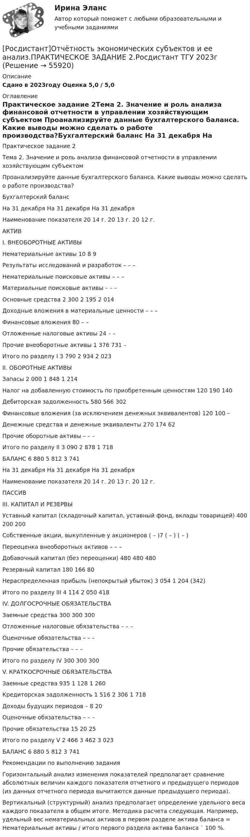     
            Описание
            Сдано в 2023году Оценка 5,0 / 5,0 
            Оглавление
            Практическое задание 2Тема 2. Значение и роль анализа финансовой отчетности в управлении хозяйствующим субъектом    Проанализируйте данные бухгалтерского баланса. Какие выводы можно сделать о работе производства?Бухгалтерский баланс     На 31 декабря      На 31 декабря   На 31 декабряНаименование показателя   20   14   г.   20   13   г.   20   12   г.АКТИВ         I. ВНЕОБОРОТНЫЕ АКТИВЫ         Нематериальные активы   10   8   9Результаты исследований и разработок   –   –   –Нематериальные поисковые активы   –   –   –Материальные поисковые активы   –   –   –Основные средства   2 300   2 195   2 014Доходные вложения в материальные ценности   –   –   –Финансовые вложения   80   –   –Отложенные налоговые активы   24   –   –Прочие внеоборотные активы   1 376   731   –Итого по разделу I   3 790   2 934   2 023II. ОБОРОТНЫЕ АКТИВЫ         Запасы   2 000   1 848   1 214Налог на добавленную стоимость                по приобретенным ценностям   120   190   140Дебиторская задолженность   580   566   302Финансовые вложения (за исключением денежных эквивалентов)   120   100   –Денежные средства и денежные эквиваленты   270   174   62Прочие оборотные активы   –   –   –Итого по разделу II   3 090   2 878   1 718БАЛАНС   6 880   5 812   3 741      На 31 декабря      На 31 декабря   На 31 декабряНаименование показателя   20   14   г.   20   13   г.   20   12   г.ПАССИВ         III. КАПИТАЛ И РЕЗЕРВЫ         Уставный капитал (складочный капитал, уставный фонд, вклады товарищей)   400   200   200Собственные акции, выкупленные у акционеров   (   –   )7   (   –   )   (   –   )Переоценка внеоборотных активов   –   –   –Добавочный капитал (без переоценки)   480   480   480Резервный капитал   180   166   80Нераспределенная прибыль (непокрытый убыток)   3 054   1 204   (342)Итого по разделу III   4 114   2 050   418IV. ДОЛГОСРОЧНЫЕ ОБЯЗАТЕЛЬСТВА         Заемные средства   300   300   300Отложенные налоговые обязательства   –   –   –Оценочные обязательства   –   –   –Прочие обязательства   –   –   –Итого по разделу IV   300   300   300V. КРАТКОСРОЧНЫЕ ОБЯЗАТЕЛЬСТВА         Заемные средства   935   1 128   1 260Кредиторская задолженность   1 516   2 306   1 718Доходы будущих периодов   –   8   20Оценочные обязательства   –   –   –Прочие обязательства   15   20   25Итого по разделу V   2 466   3 462   3 023БАЛАНС   6 880   5 812   3 741Рекомендации по выполнению заданияГоризонтальный анализ изменения показателей предполагает сравнение абсолютных величин каждого показателя отчетного и предыдущего периодов (из данных отчетного периода вычитаются данные предыдущего периода).Вертикальный (структурный) анализ предполагает определение удельного веса каждого показателя в общем итоге. Методика расчета следующая. Например, удельный вес нематериальных активов в первом разделе актива баланса = Нематериальные активы / итого первого раздела актива баланса ˙ 100 %.  
            
            
            [Росдистант]Отчётность экономических субъектов и ее анализ.ПРАКТИЧЕСКОЕ ЗАДАНИЕ 1.Росдистант ТГУ 2023г[Росдистант]Отчётность экономических субъектов и ее анализ.ПРАКТИЧЕСКОЕ ЗАДАНИЕ 2.Росдистант ТГУ 2023г[Росдистант]Отчётность экономических субъектов и ее анализ.ПРАКТИЧЕСКОЕ ЗАДАНИЕ 3.Росдистант ТГУ 2023г[Росдистант]Отчётность экономических субъектов и ее анализ.ПРАКТИЧЕСКОЕ ЗАДАНИЕ 4.Росдистант ТГУ 2023г[Росдистант]Отчётность экономических субъектов и ее анализ.ПРАКТИЧЕСКОЕ ЗАДАНИЕ 5.Росдистант ТГУ 2023г[Росдистант]Отчётность экономических субъектов и ее анализ.ПРАКТИЧЕСКОЕ ЗАДАНИЕ 6.Росдистант ТГУ 2023гРосдистант. Охрана труда. Задание (1-9). Вариант 23.[Росдистант] Отбор и найм персонала 2 (ПРАКТИЧЕСКИЕ ЗАДАНИЯ)[Росдистант] Отбор и найм персонала 2.ПРАКТИЧЕСКОЕ ЗАДАНИЕ №1. Росдистант ТГУ  2023г[Росдистант] Отбор и найм персонала 2.ПРАКТИЧЕСКОЕ ЗАДАНИЕ №2. Росдистант ТГУ 2023г[Росдистант] Отбор и найм персонала 2.ПРАКТИЧЕСКОЕ ЗАДАНИЕ №3.Росдистант ТГУ 2023г[Росдистант]Отбор и найм персонала 2.Росдистант ТГУ 2023г [Росдистант]  ОТВЕТЫ Разработка технологических карт 1 РОСДИСТАНТ[Росдистант]Отчётность экономических субъектов и ее анализ.Итоговый Росдистант ТГУ 2023г