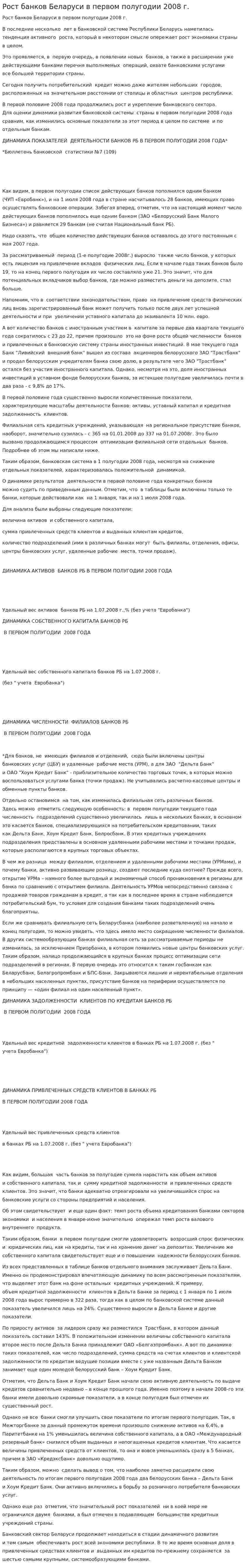 Рост банков Беларуси в первом полугодии 2008 г.
