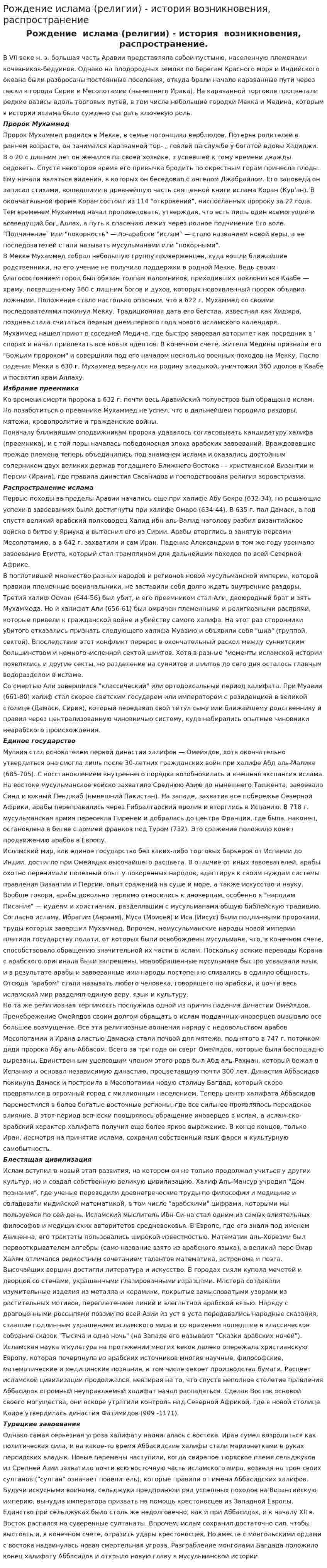 Рождение ислама (религии) - история возникновения, распространение