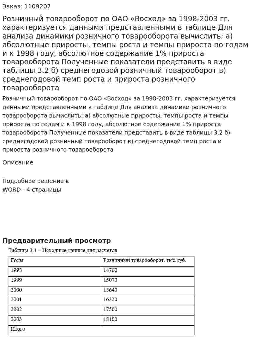 Розничный товарооборот  по ОАО «Восход» за 1998-2003 гг. характеризуется данными представленными в таблице  Для анализа динамики розничного товарооборота  вычислить:  а) абсолютные приросты, темпы роста и темпы прироста  по годам и к 1998 году, абсолютное содержание 1% прироста товарооборота  Полученные показатели представить в виде таблицы 3.2  б) среднегодовой розничный товарооборот  в) среднегодовой темп роста и прироста розничного товарооборота 