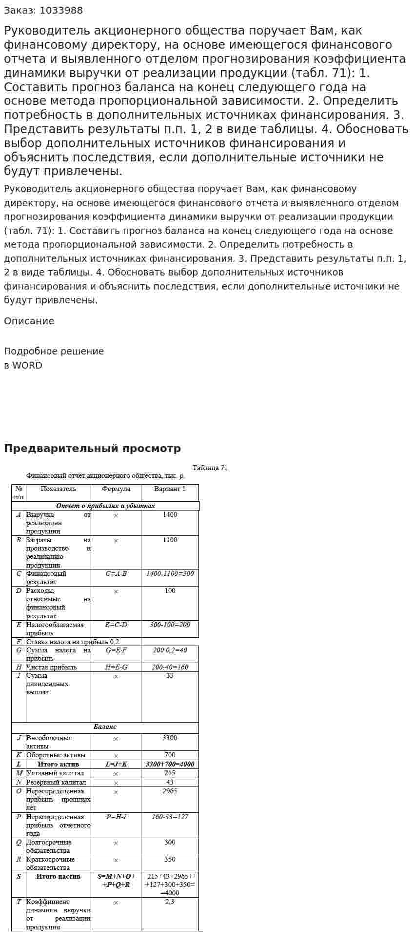 Руководитель акционерного общества поручает Вам, как финансовому директору, на основе имеющегося финансового отчета и выявленного отделом прогнозирования коэффициента динамики выручки от реализации продукции (табл. 71): 1.	Составить прогноз баланса на конец следующего года на основе метода пропорциональной зависимости. 2.	Определить потребность в дополнительных источниках финансирования. 3.	Представить результаты п.п. 1, 2 в виде таблицы. 4.	Обосновать выбор дополнительных источников финансирования и объяснить последствия, если дополнительные источники не будут привлечены. 
