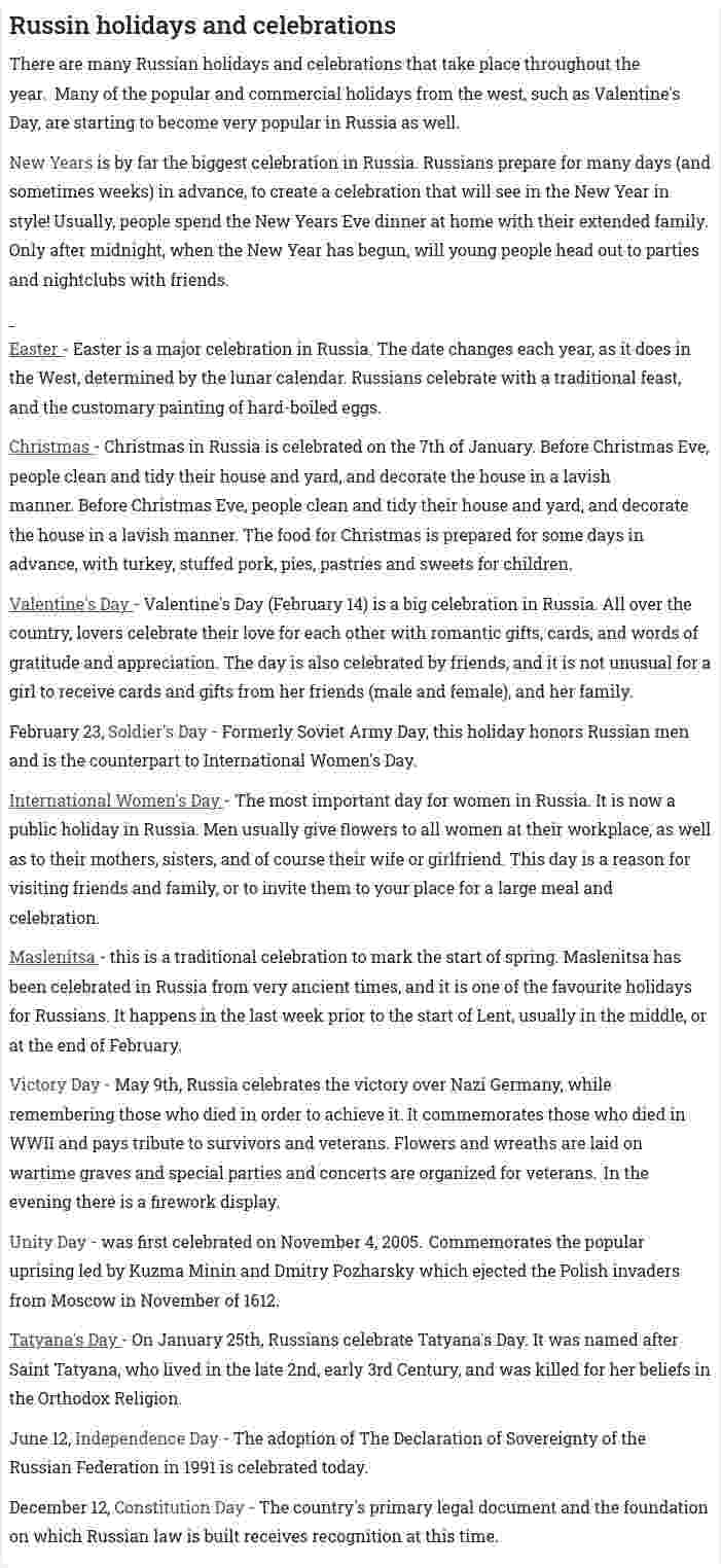 Russin holidays and celebrations