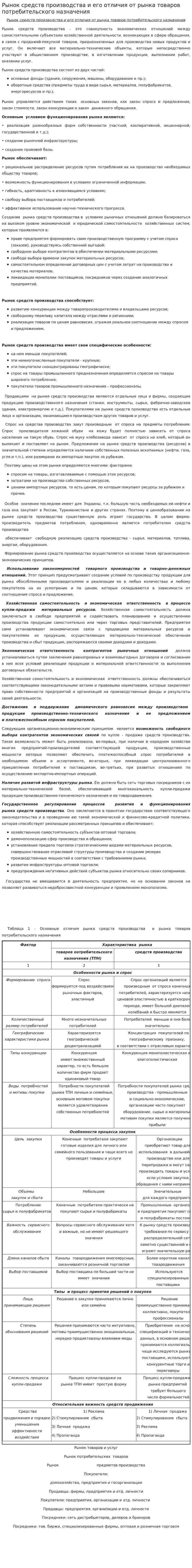Рынок средств производства и его отличия от рынка товаров потребительского назначения