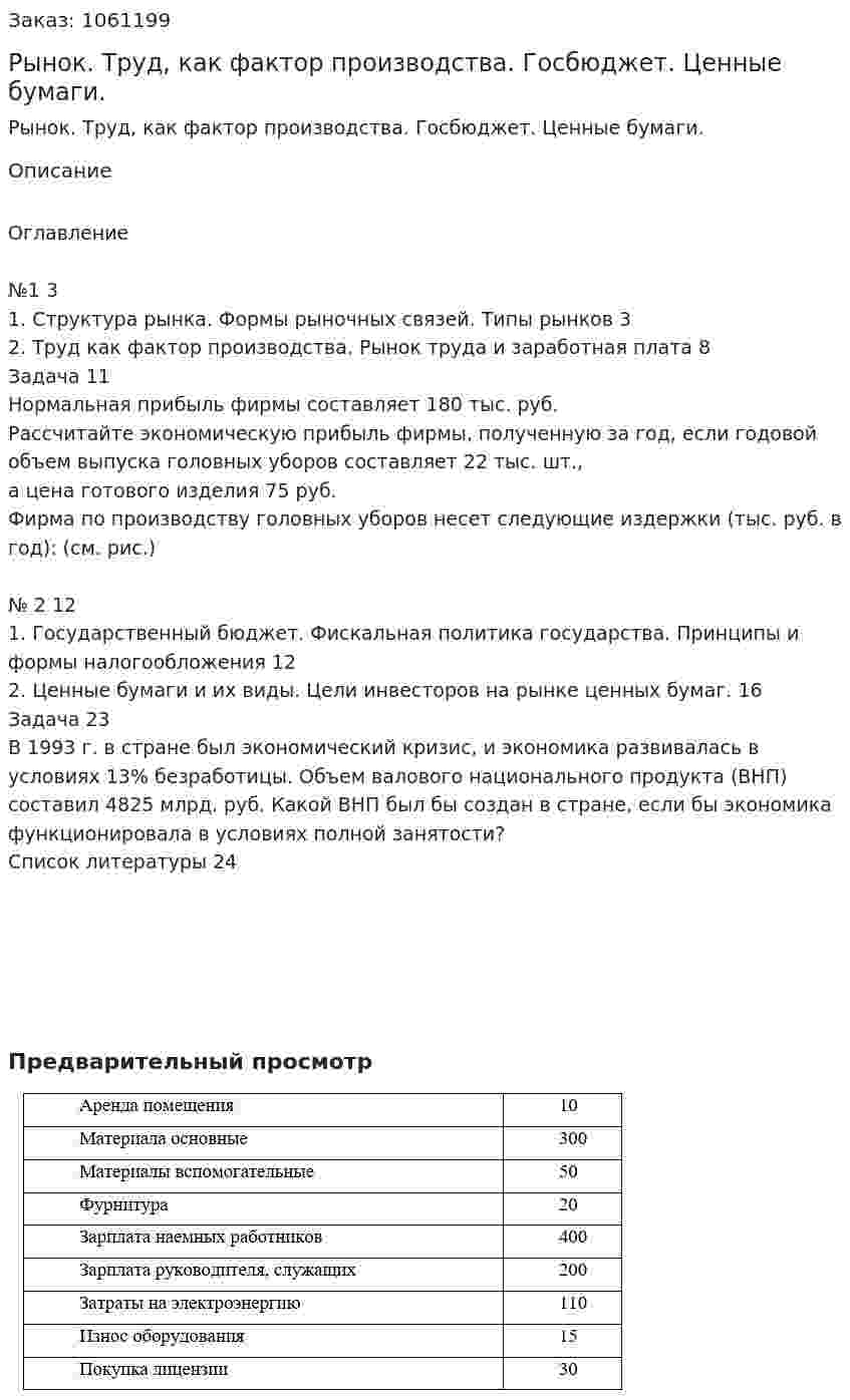 Рынок. Труд, как фактор производства. Госбюджет. Ценные бумаги. (контрольная работа) 