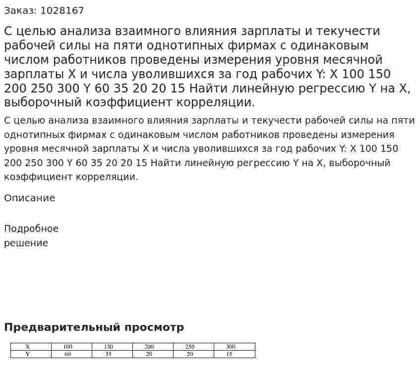 С целью анализа взаимного влияния зарплаты и текучести рабочей силы на пяти однотипных фирмах с одинаковым числом работников проведены измерения уровня месячной зарплаты Х и числа уволившихся за год рабочих Y: X	100	150	200	250	300 Y	60	35	20	20	15 Найти линейную регрессию Y на X, выборочный коэффициент корреляции.  