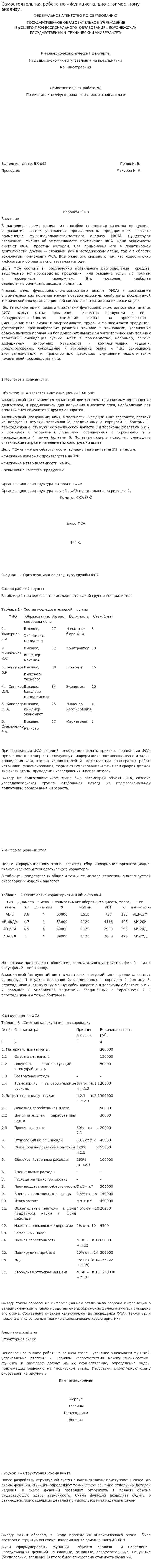 Самостоятельная работа по «Функционально-стоимостному анализу»