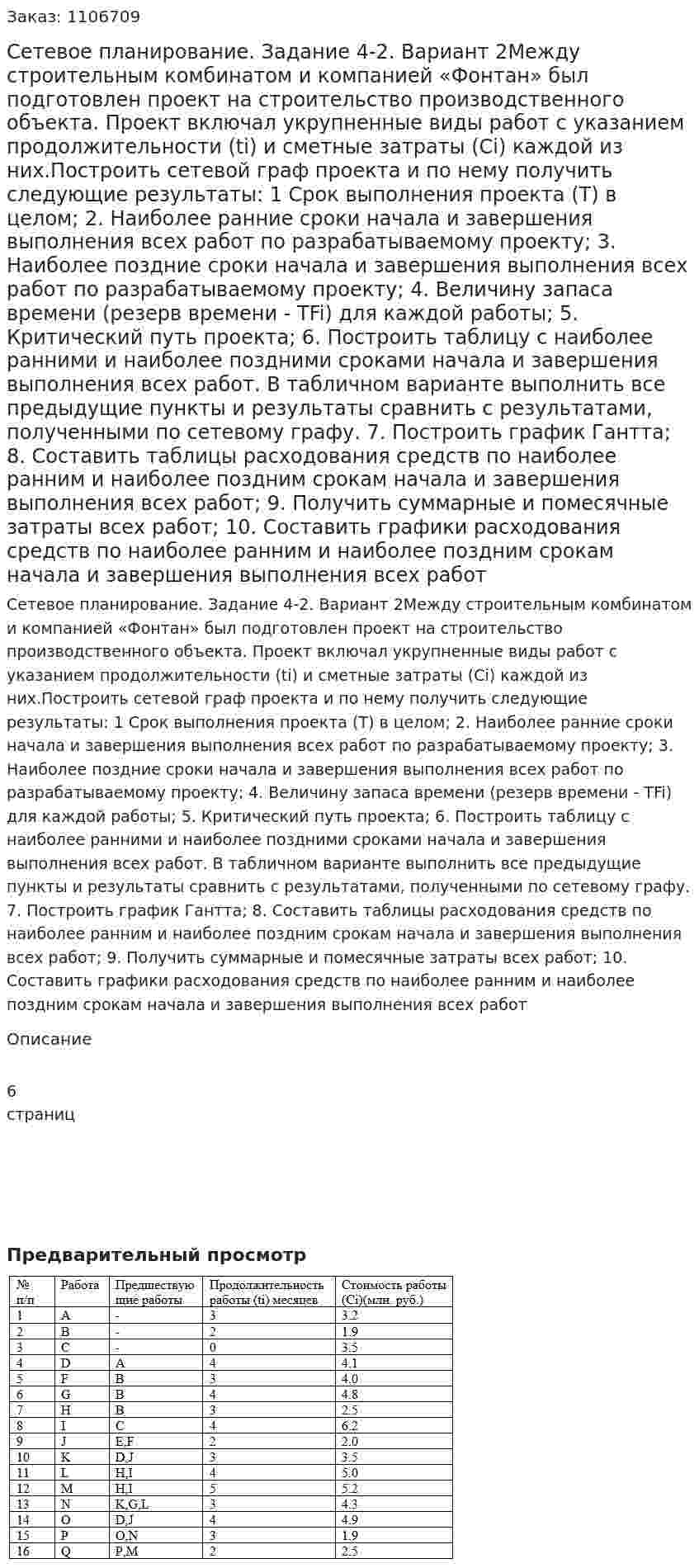 Сетевое планирование. Задание 4-2. Вариант 2Между строительным комбинатом и компанией «Фонтан» был подготовлен проект на строительство производственного объекта. Проект включал укрупненные виды работ с указанием продолжительности (ti) и сметные затраты (Сi) каждой из них.Построить сетевой граф проекта и по нему получить следующие результаты: 1 Срок выполнения проекта (Т) в целом; 2. Наиболее ранние сроки начала и завершения выполнения всех работ по разрабатываемому проекту; 3. Наиболее поздние сроки начала и завершения выполнения всех работ по разрабатываемому проекту; 4. Величину запаса времени (резерв времени - TFi) для каждой работы; 5. Критический путь проекта; 6. Построить таблицу с наиболее ранними и наиболее поздними сроками начала и завершения выполнения всех работ. В табличном варианте выполнить все предыдущие пункты и результаты сравнить с результатами, полученными по сетевому графу. 7. Построить график Гантта; 8. Составить таблицы расходования средств по наиболее ранним и наиболее поздним срокам начала и завершения выполнения всех работ; 9. Получить суммарные и помесячные затраты всех работ; 10. Составить графики расходования средств по наиболее ранним и наиболее поздним срокам начала и завершения выполнения всех работ 